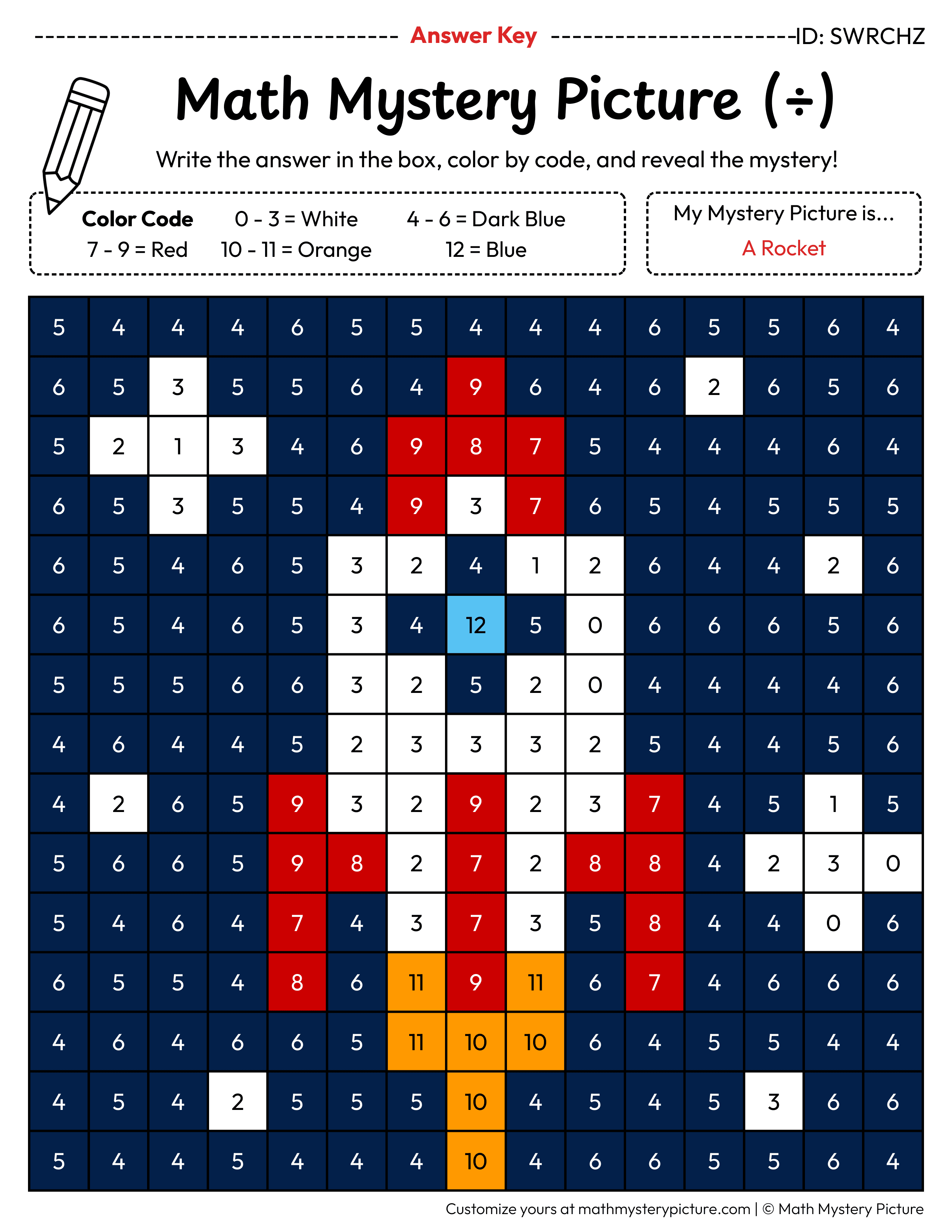 Rocket Division Facts Math Mystery Picture Color by Number Answer Key