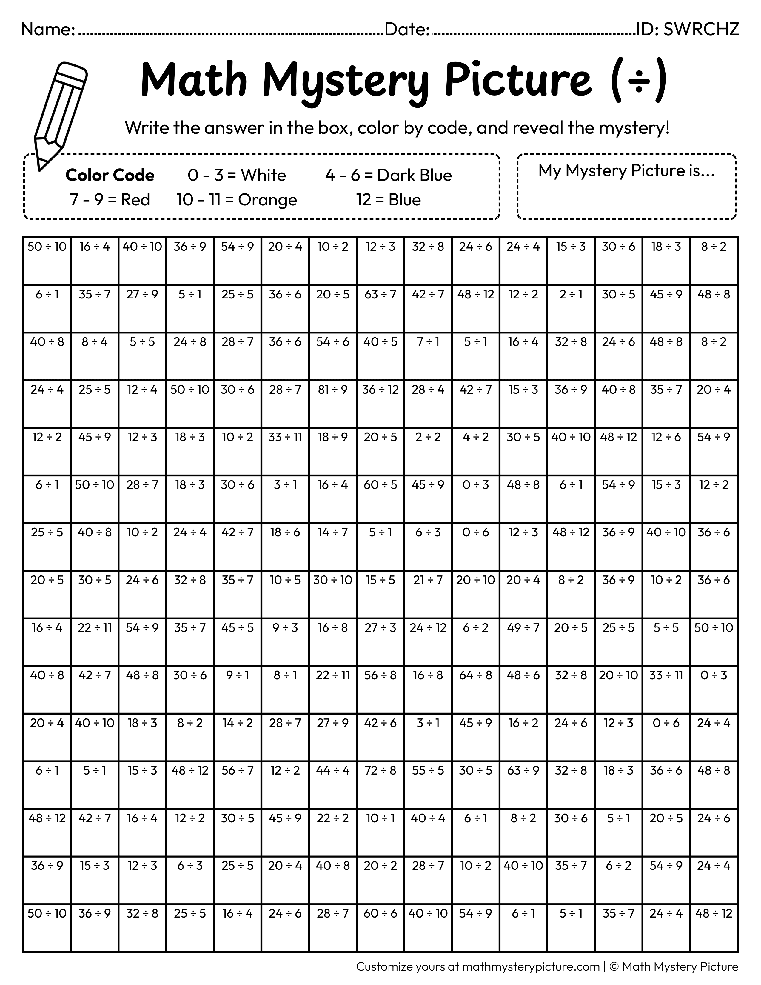Rocket Division Facts Math Mystery Picture Coloring Worksheet