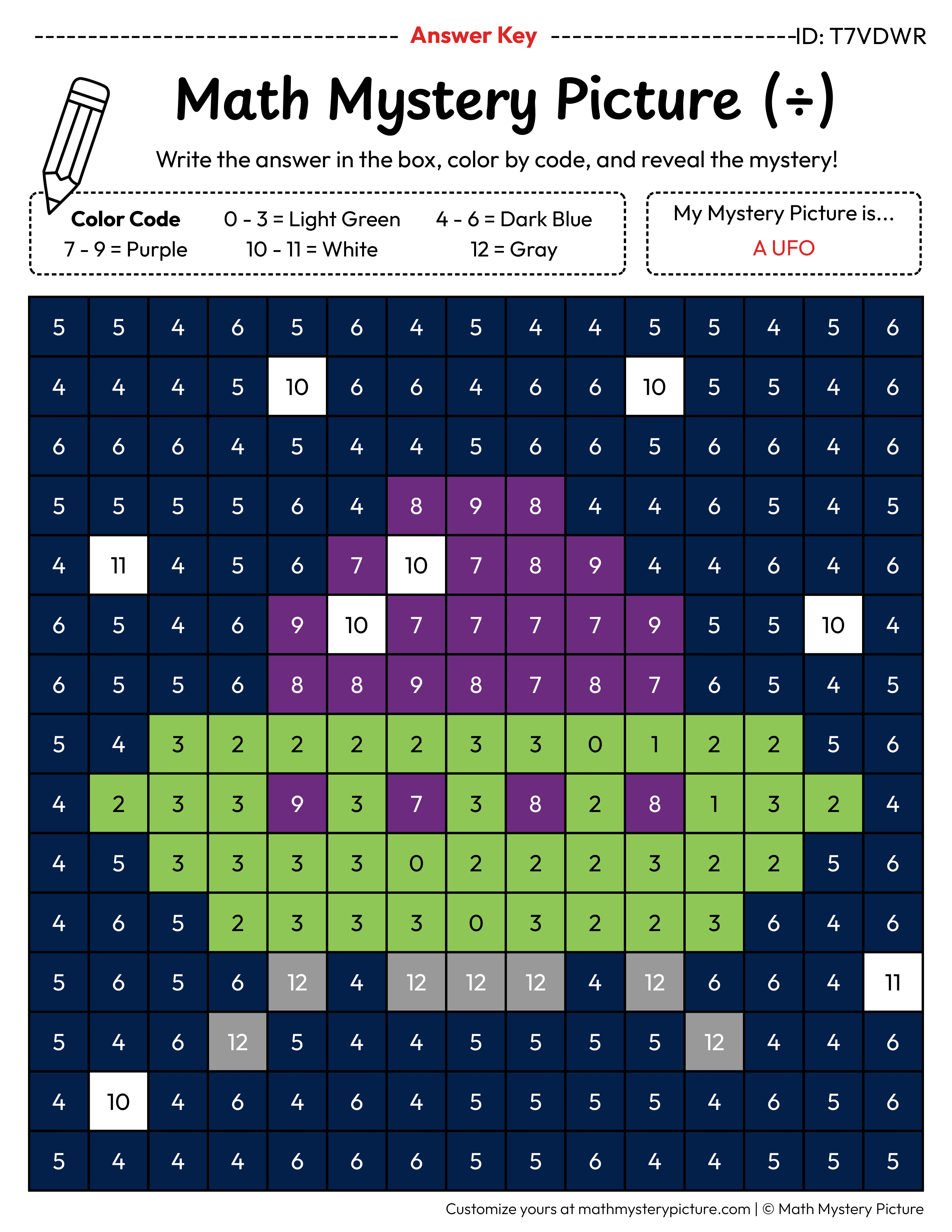 UFO Division Facts Math Mystery Picture Color by Number Answer Key