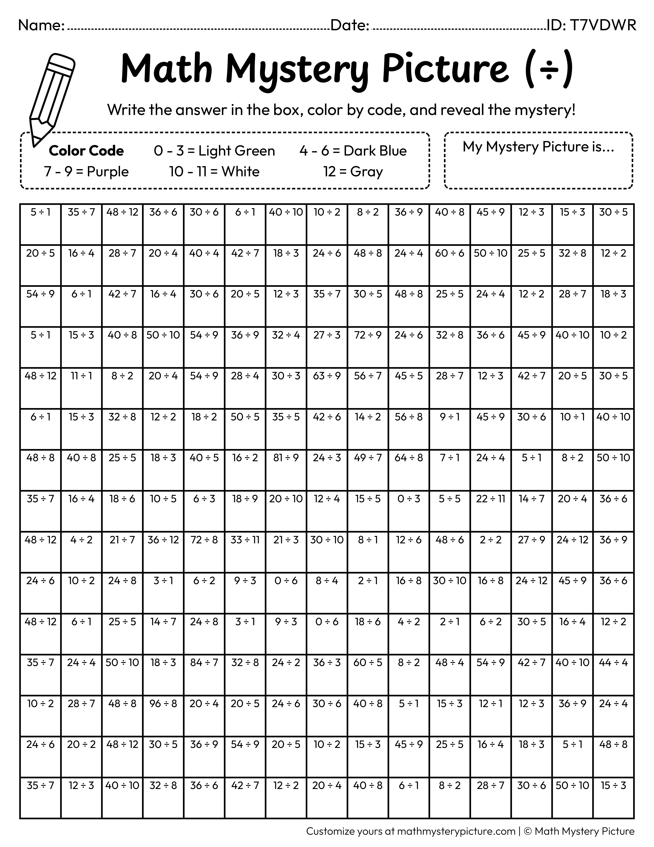 UFO Division Facts Math Mystery Picture Coloring Worksheet