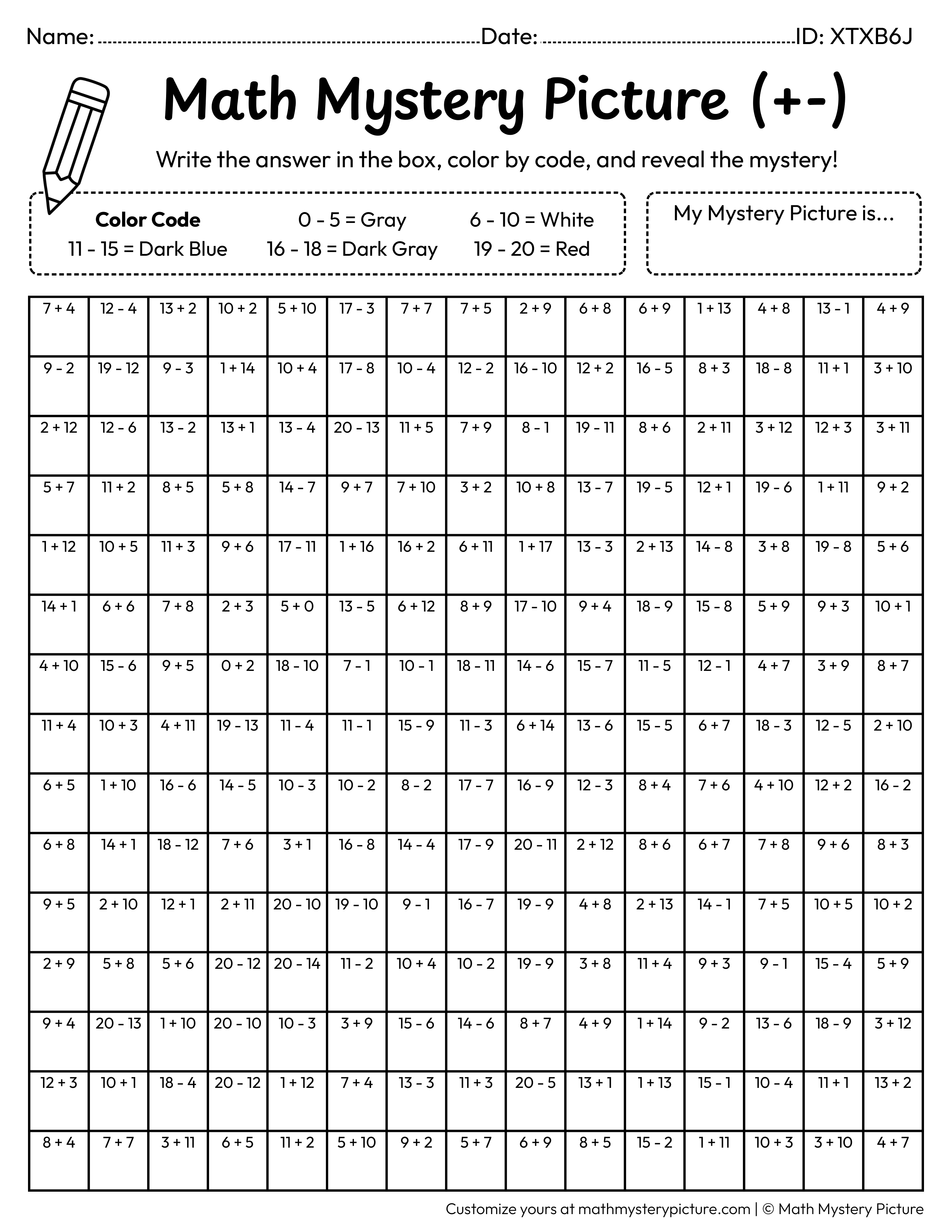 Astronaut Mixed Addition and Subtraction Within 20 Math Mystery Picture Coloring Worksheet