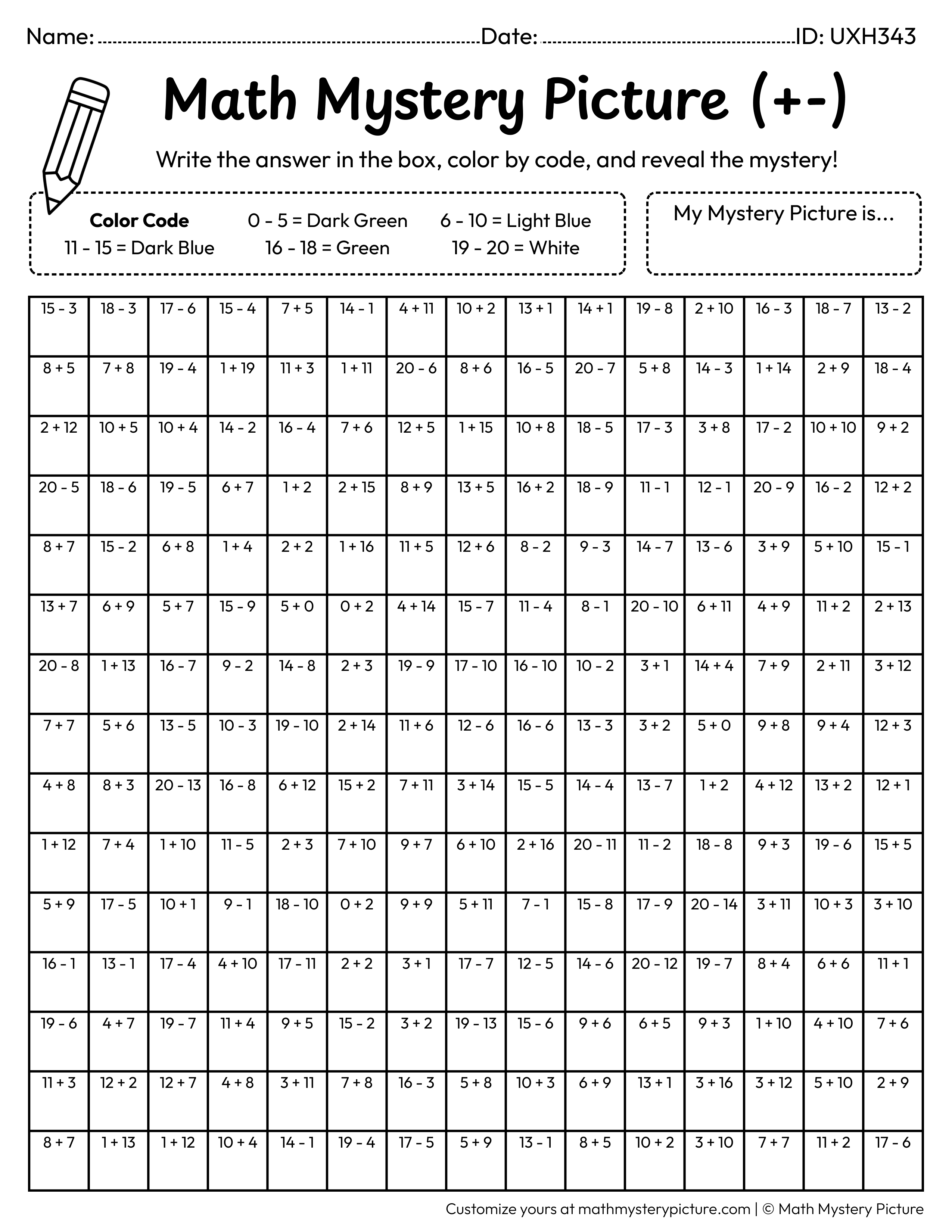 Earth Mixed Addition and Subtraction Within 20 Math Mystery Picture Coloring Worksheet