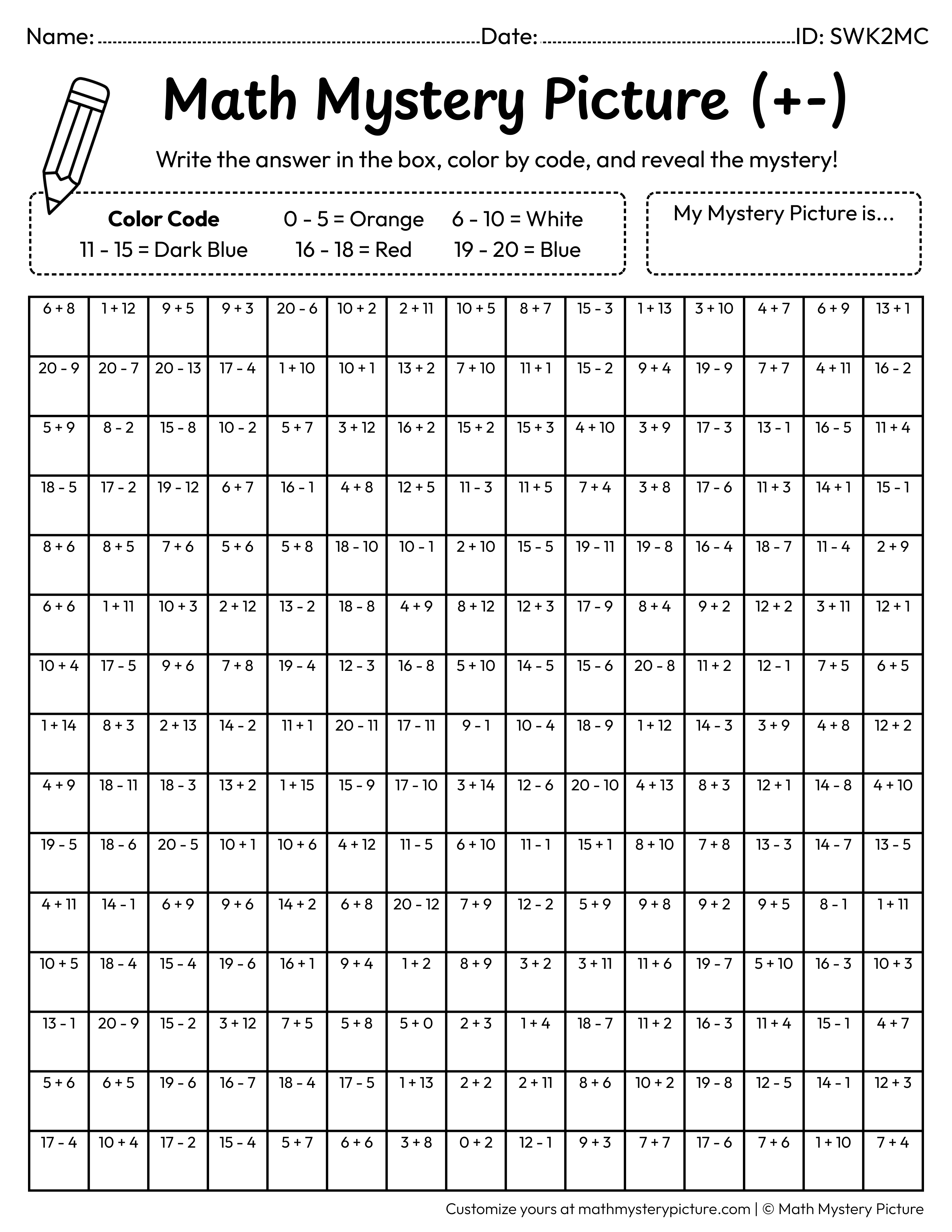Rocket Mixed Addition and Subtraction Within 20 Math Mystery Picture Coloring Worksheet