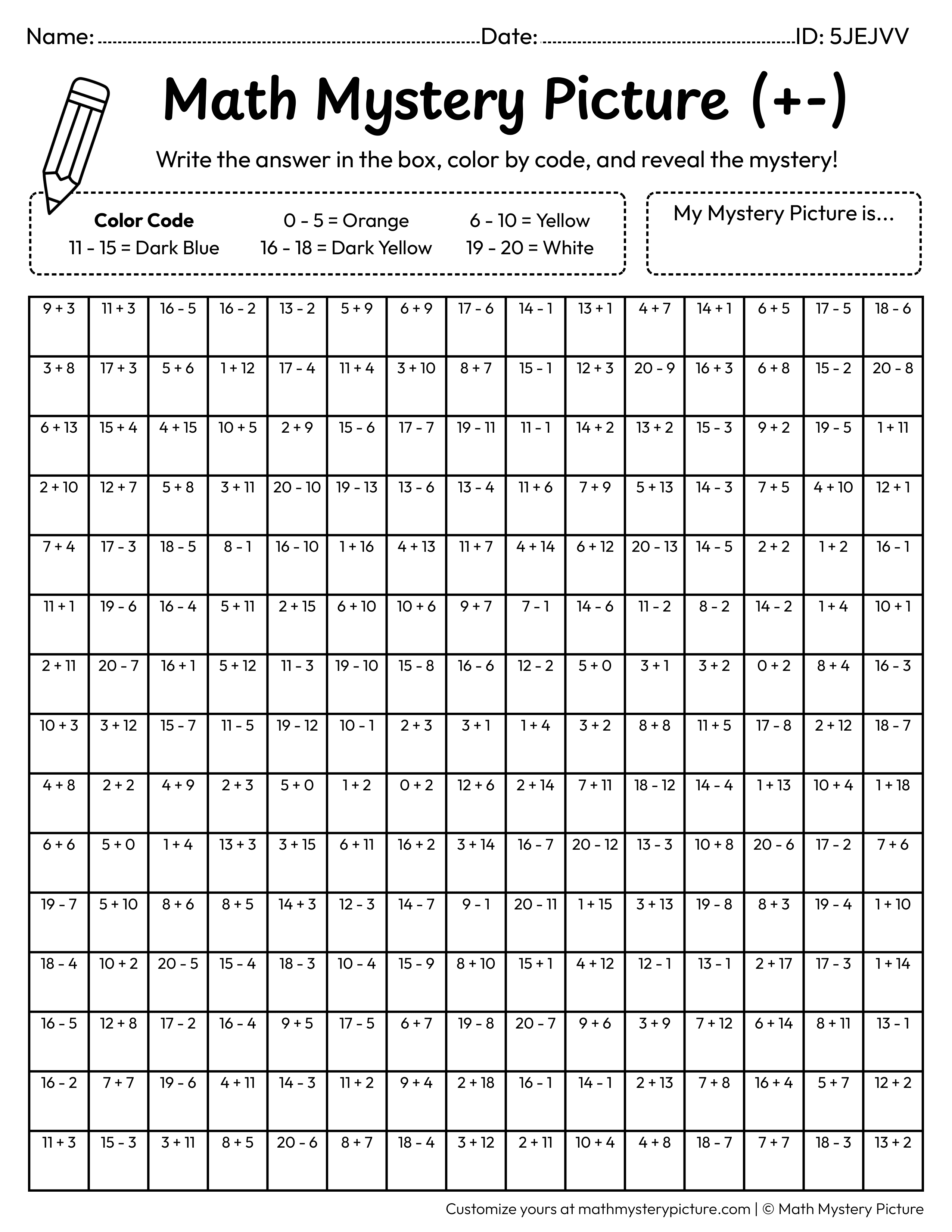Saturn Mixed Addition and Subtraction Within 20 Math Mystery Picture Coloring Worksheet