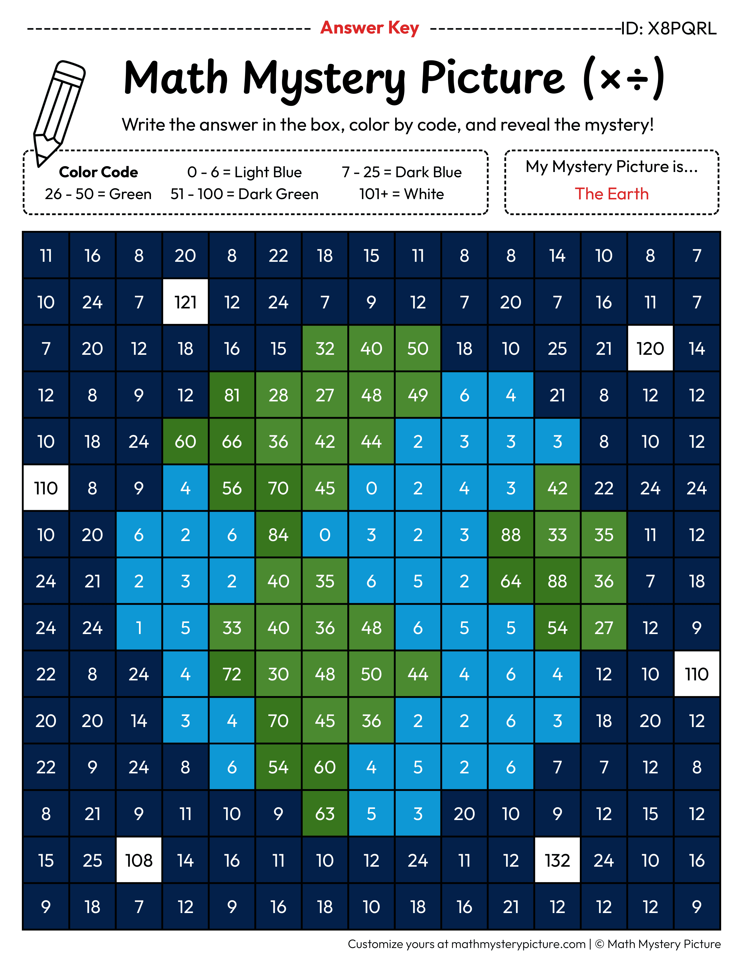 Earth Mixed Multiplication and Division Facts Math Mystery Picture Color by Number Answer Key