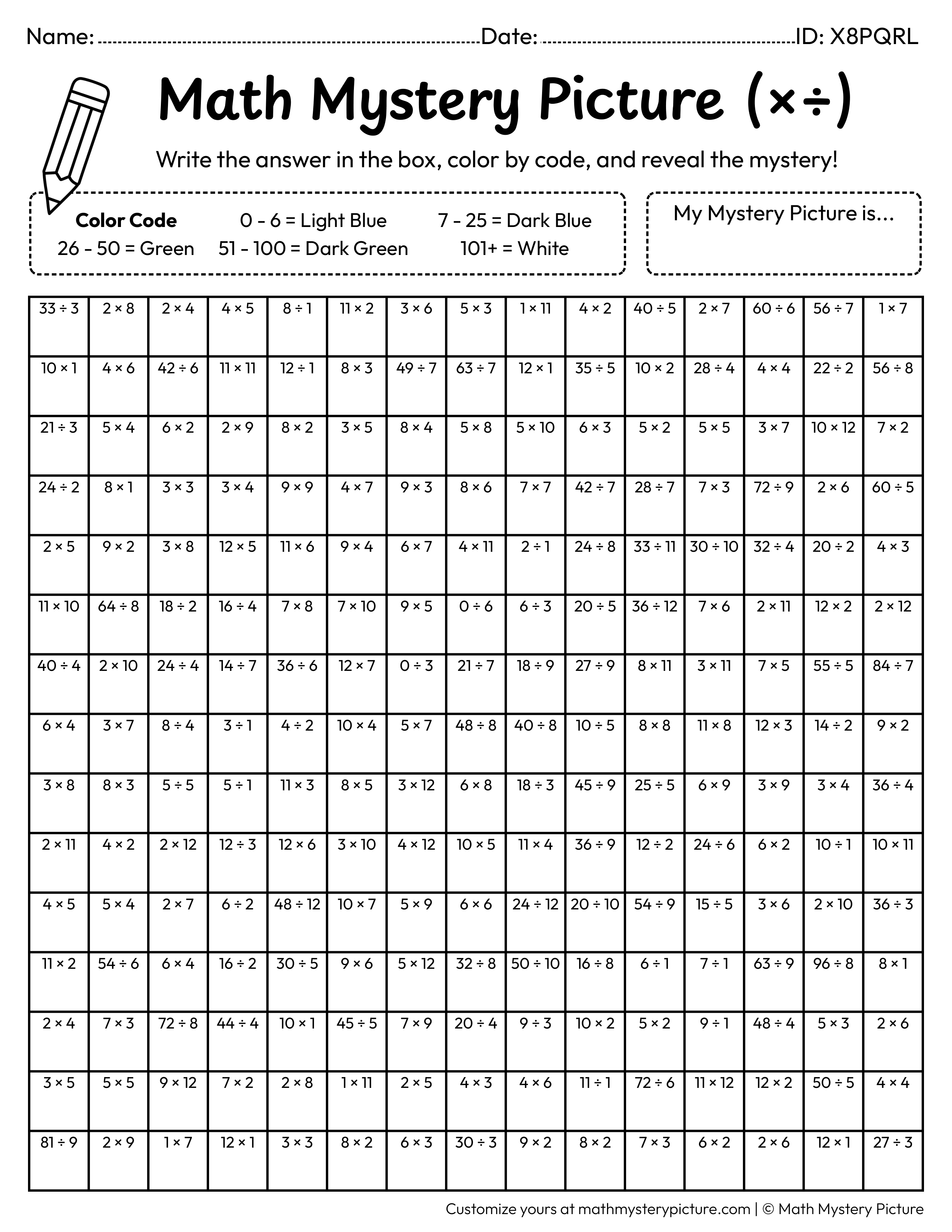 Earth Mixed Multiplication and Division Facts Math Mystery Picture Coloring Worksheet