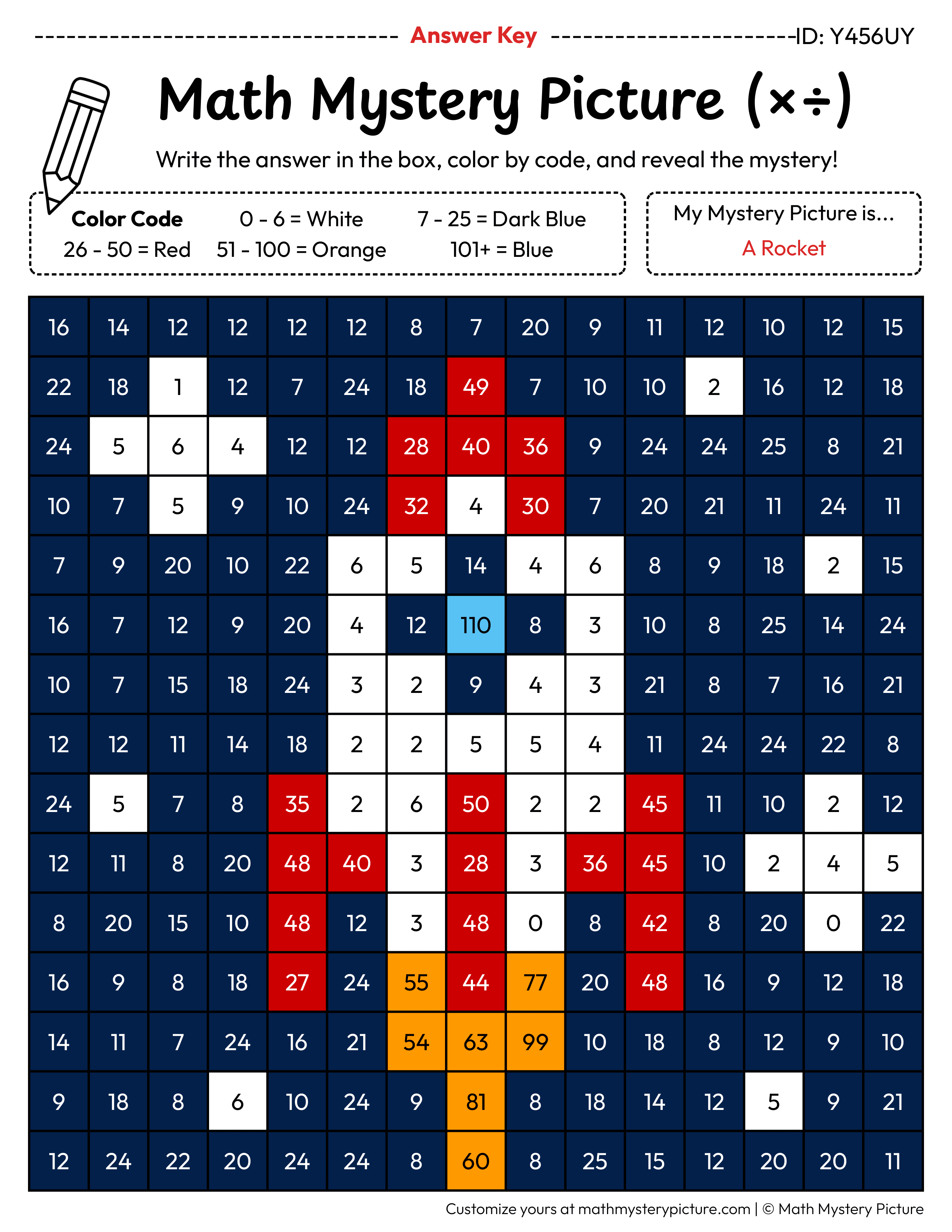 Rocket Mixed Multiplication and Division Facts Math Mystery Picture Color by Number Answer Key
