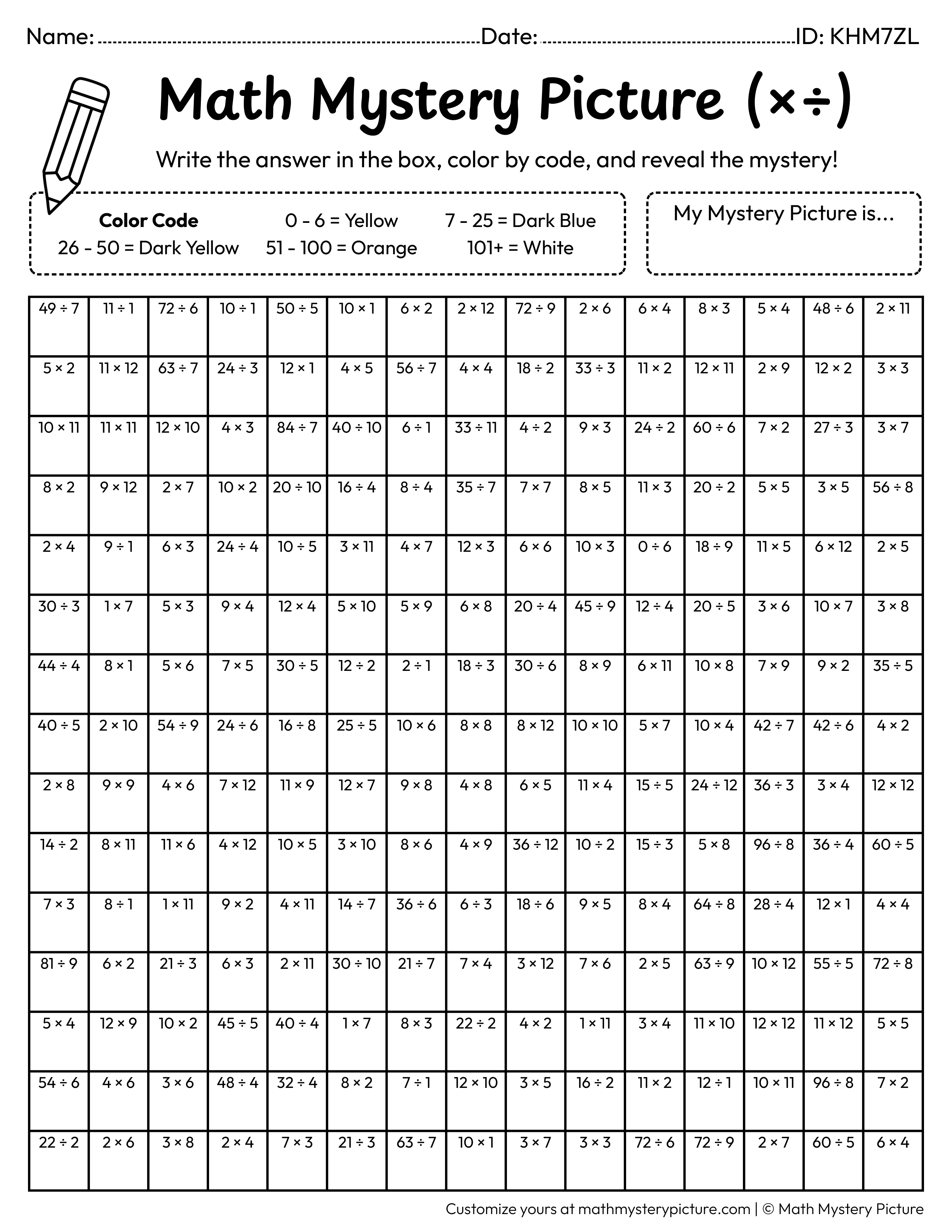 Saturn Mixed Multiplication and Division Facts Math Mystery Picture Coloring Worksheet
