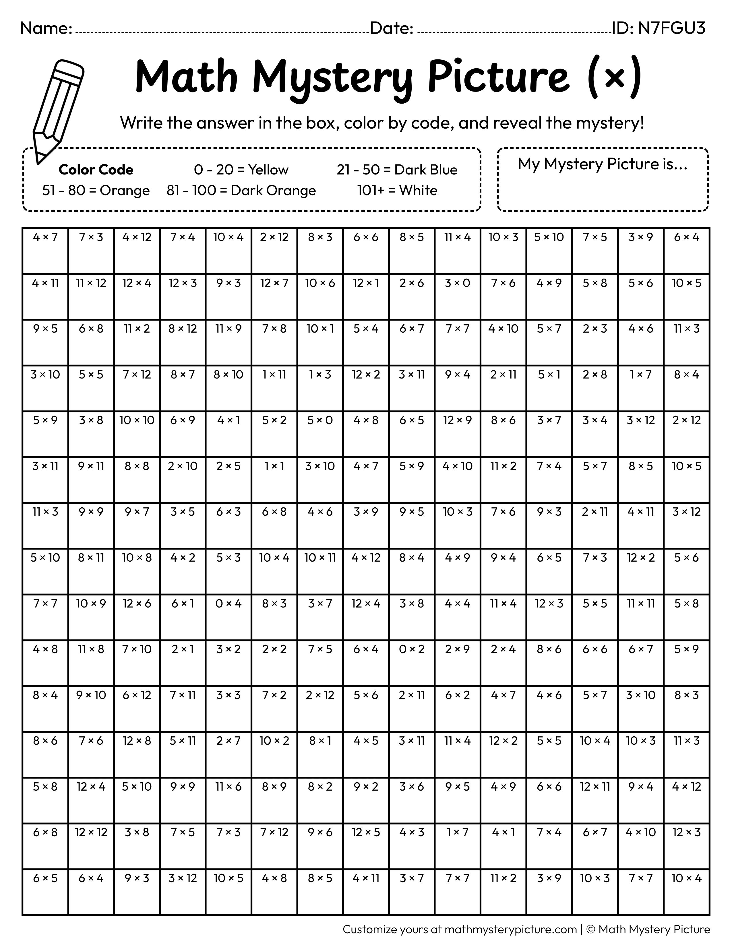 Moon and Stars Multiplication Facts Math Mystery Picture Coloring Worksheet