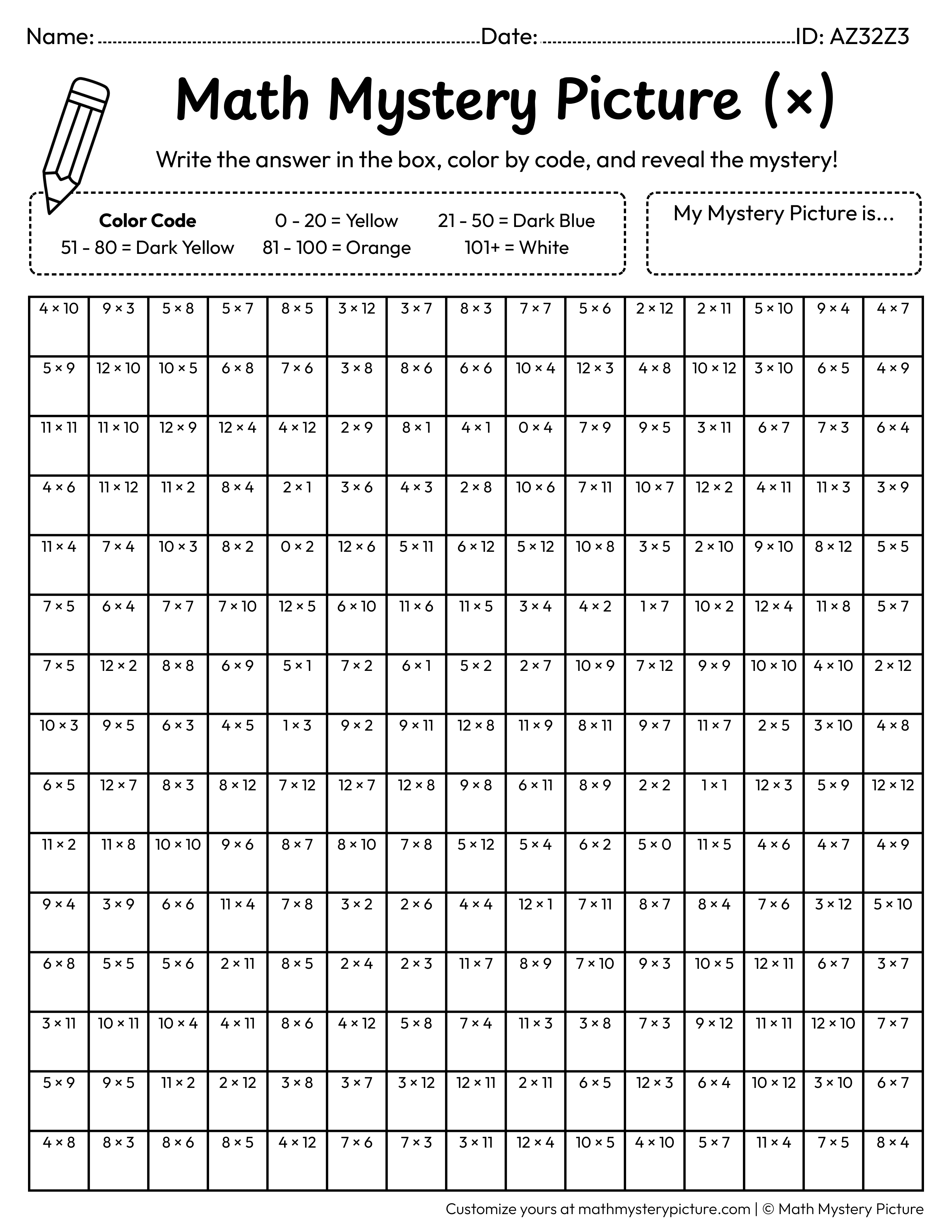 Saturn Multiplication Facts Math Mystery Picture Coloring Worksheet