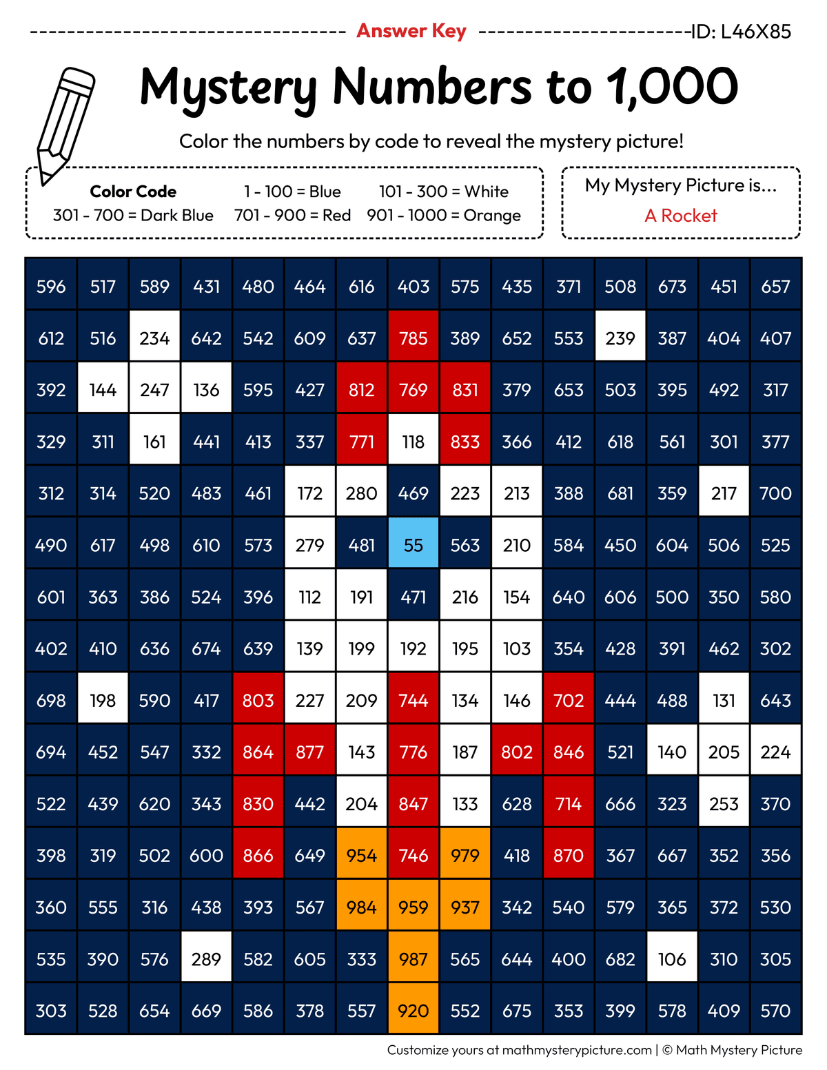 Rocket Numbers to 1,000 Math Mystery Picture Color by Number Answer Key
