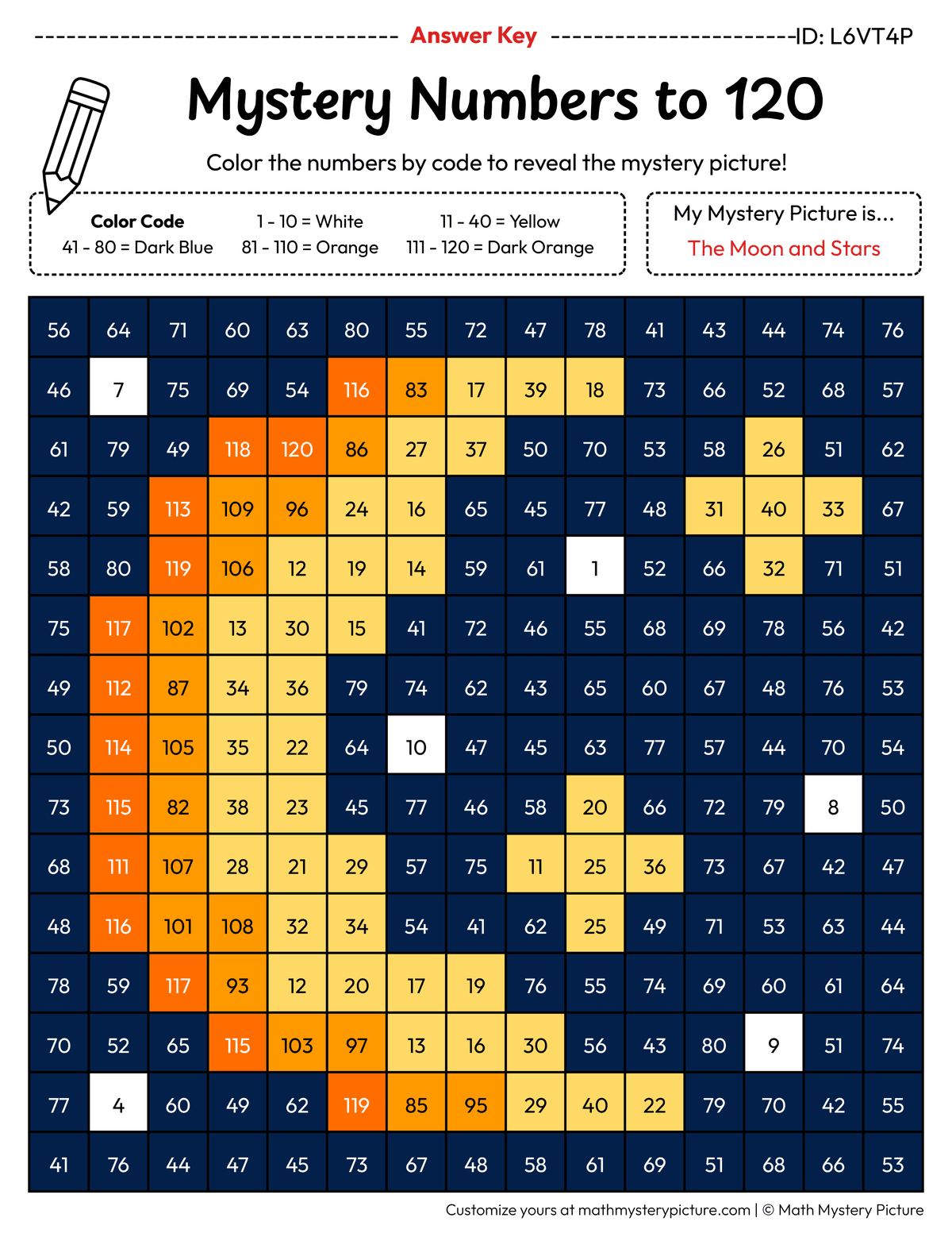 Moon and Stars Numbers to 120 Math Mystery Picture Color by Number Answer Key