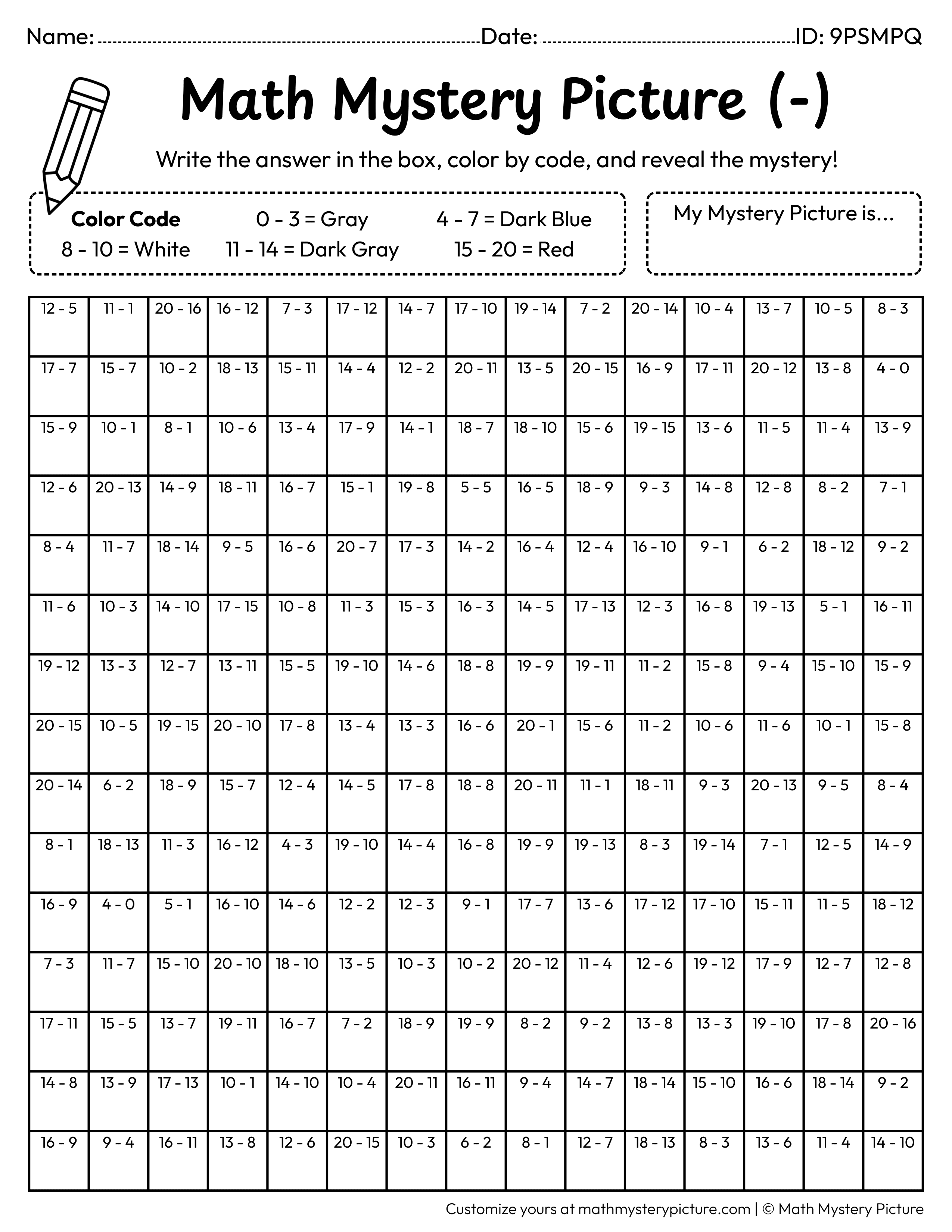 Astronaut Subtraction Within 20 Math Mystery Picture Coloring Worksheet