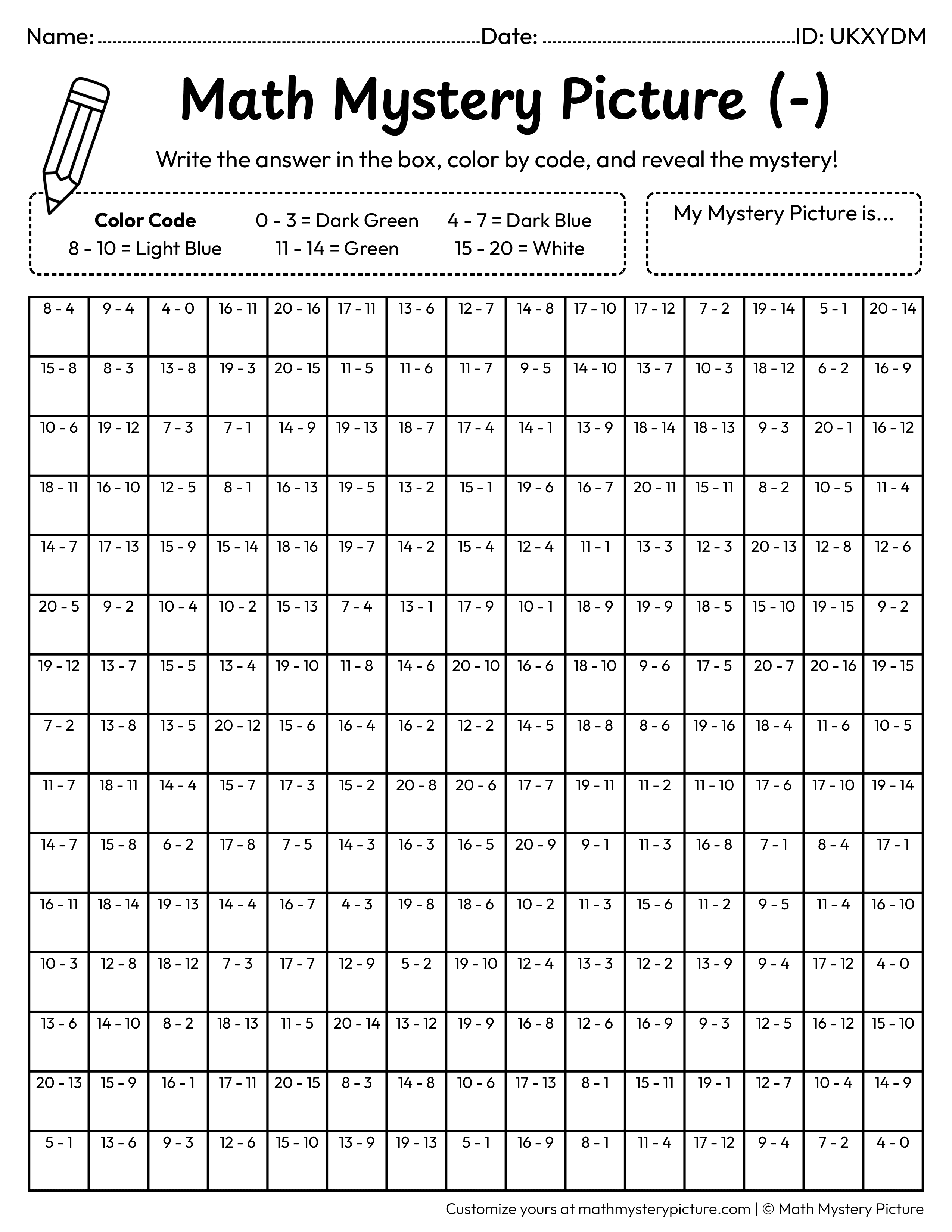 Earth Subtraction Within 20 Math Mystery Picture Coloring Worksheet