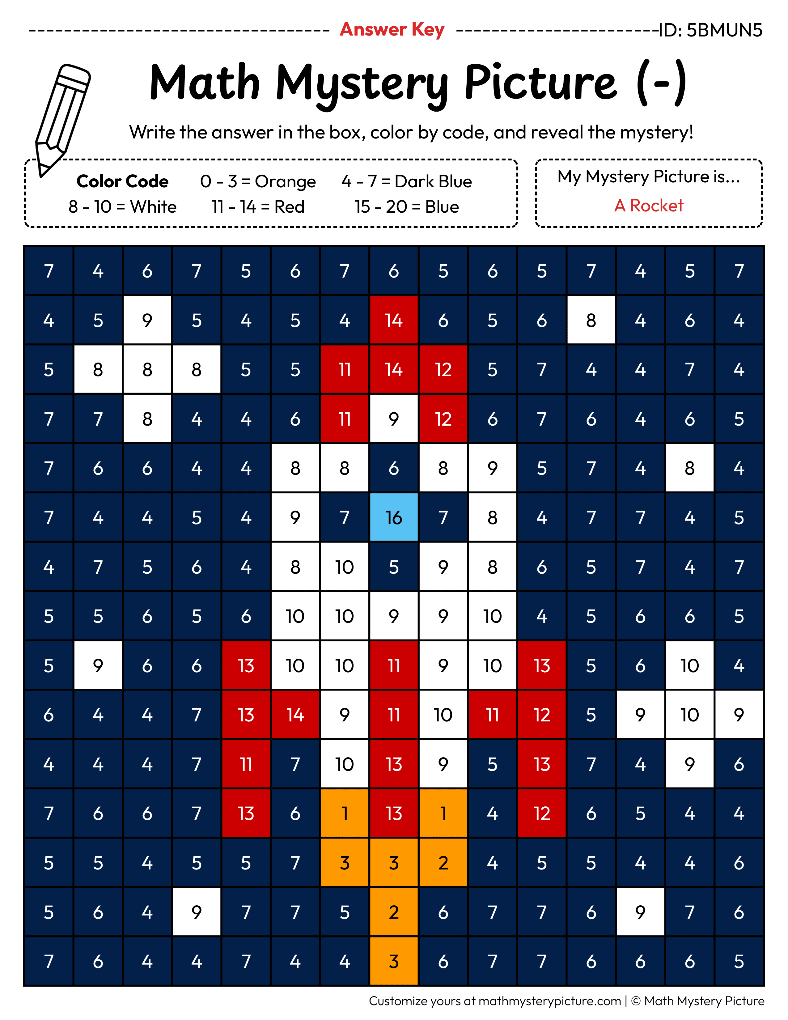 Rocket Subtraction Within 20 Math Mystery Picture Color by Number Answer Key