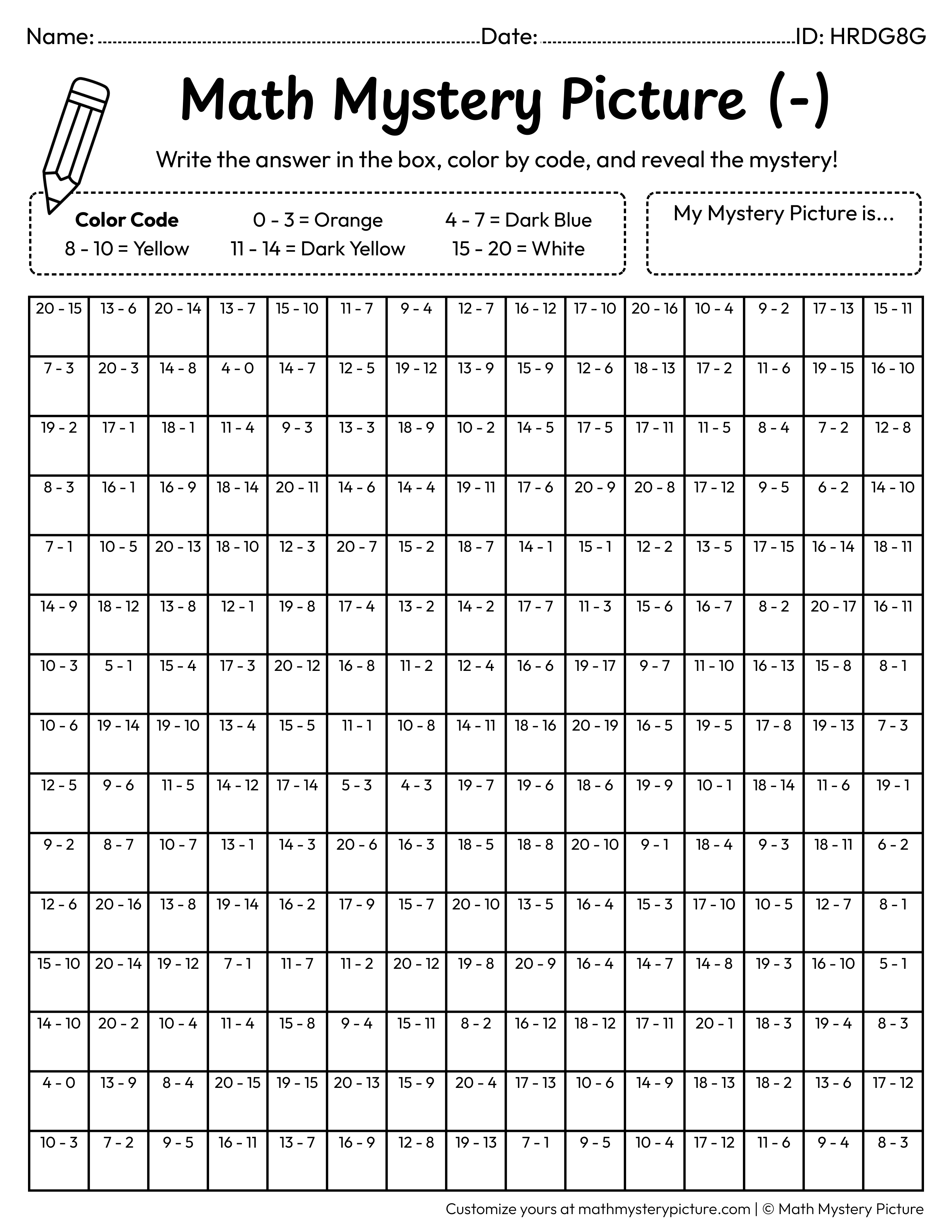 Saturn Subtraction Within 20 Math Mystery Picture Coloring Worksheet