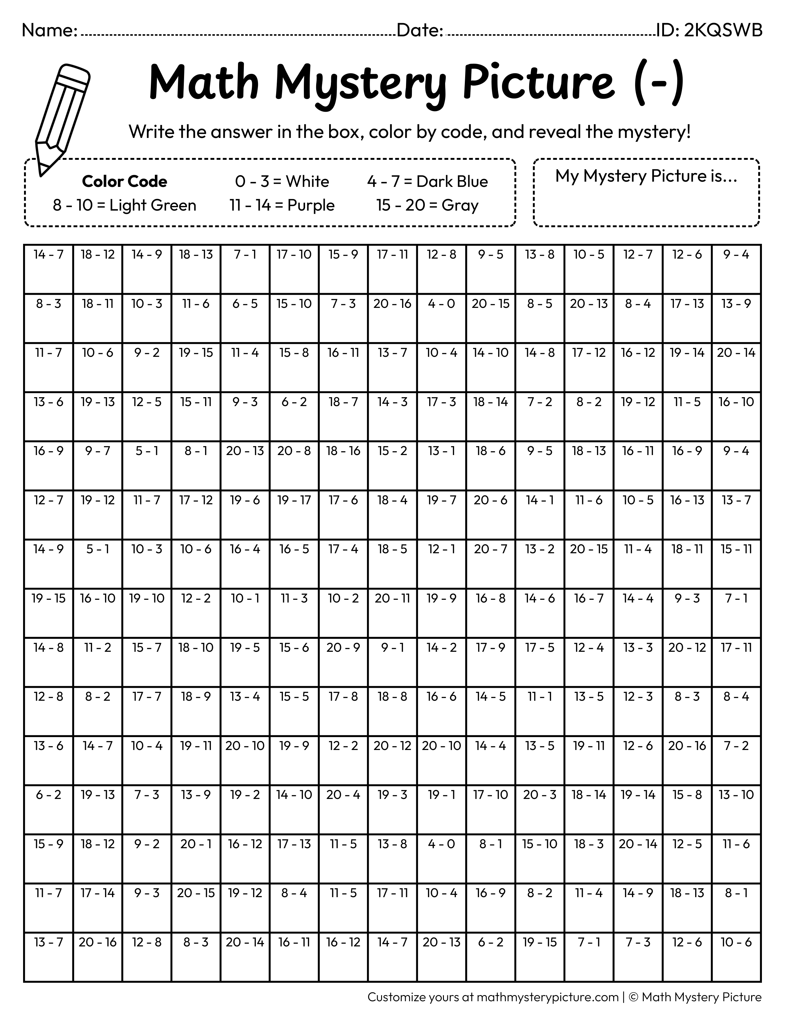 UFO Subtraction Within 20 Math Mystery Picture Coloring Worksheet