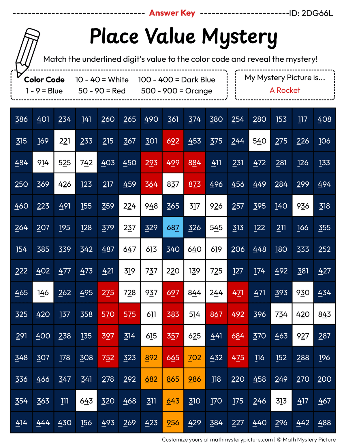 Rocket Value of Underlined Digit Math Mystery Picture Color by Number Answer Key