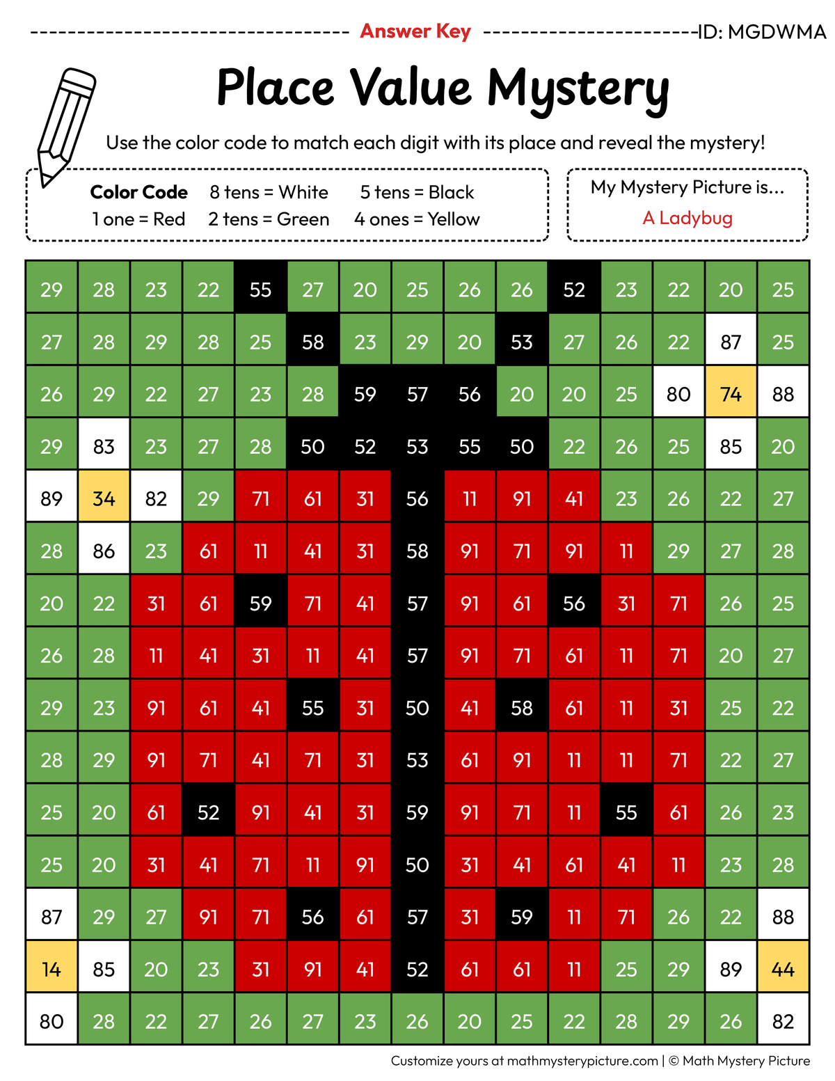Spring Ladybug 2-digit Place Value Math Mystery Picture Color by Number Answer Key