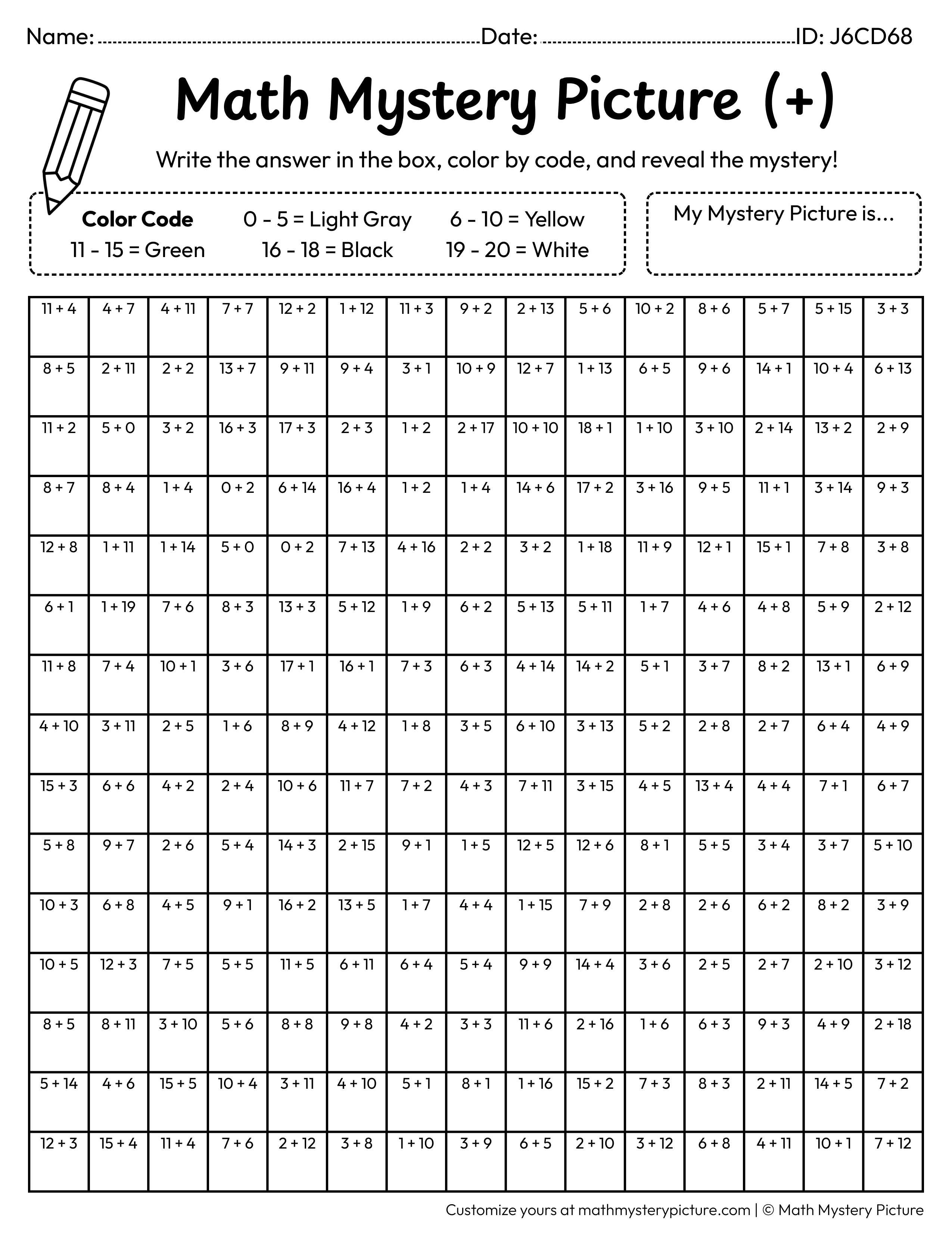 Spring Bee Addition Within 20 Math Mystery Picture Coloring Worksheet