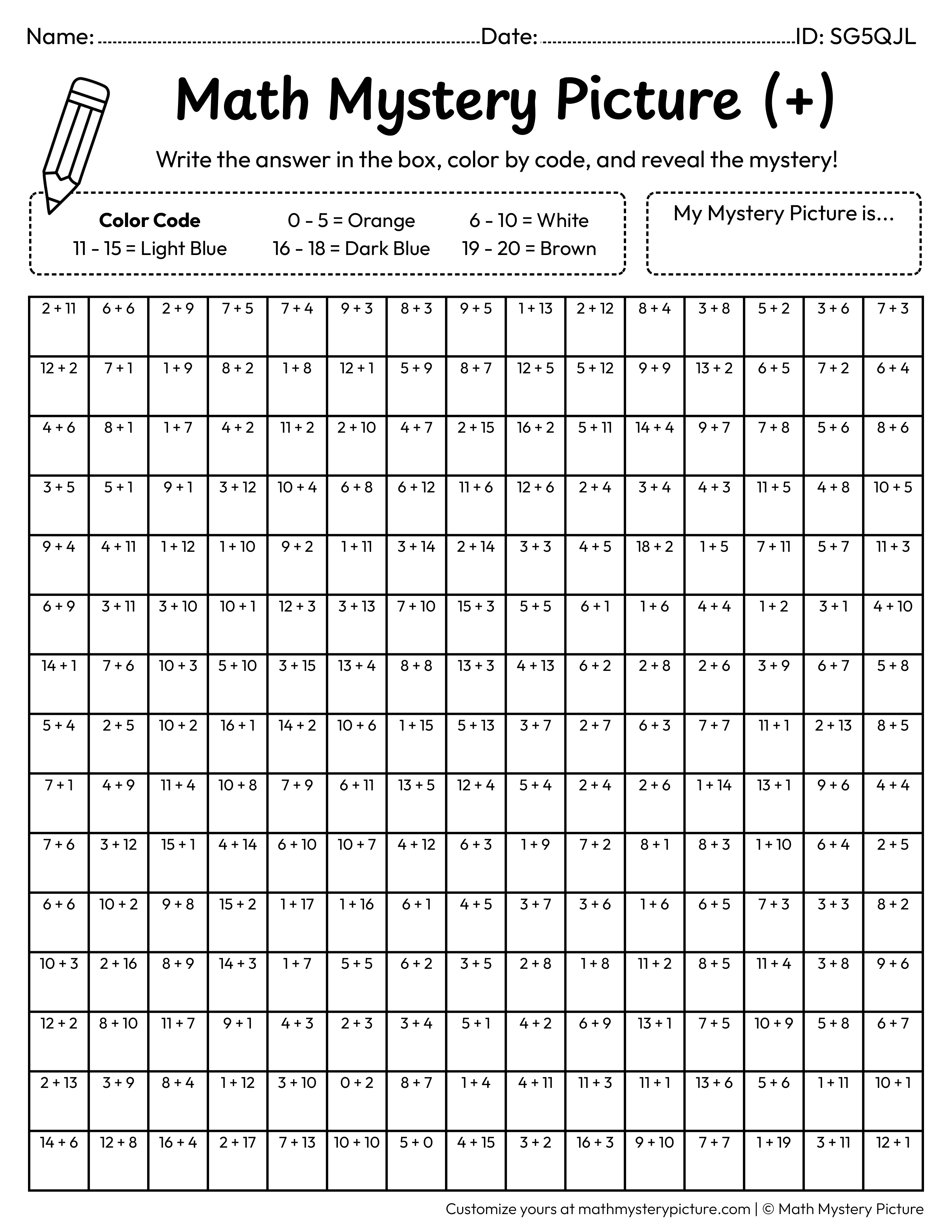 Spring Bird Addition Within 20 Math Mystery Picture Coloring Worksheet