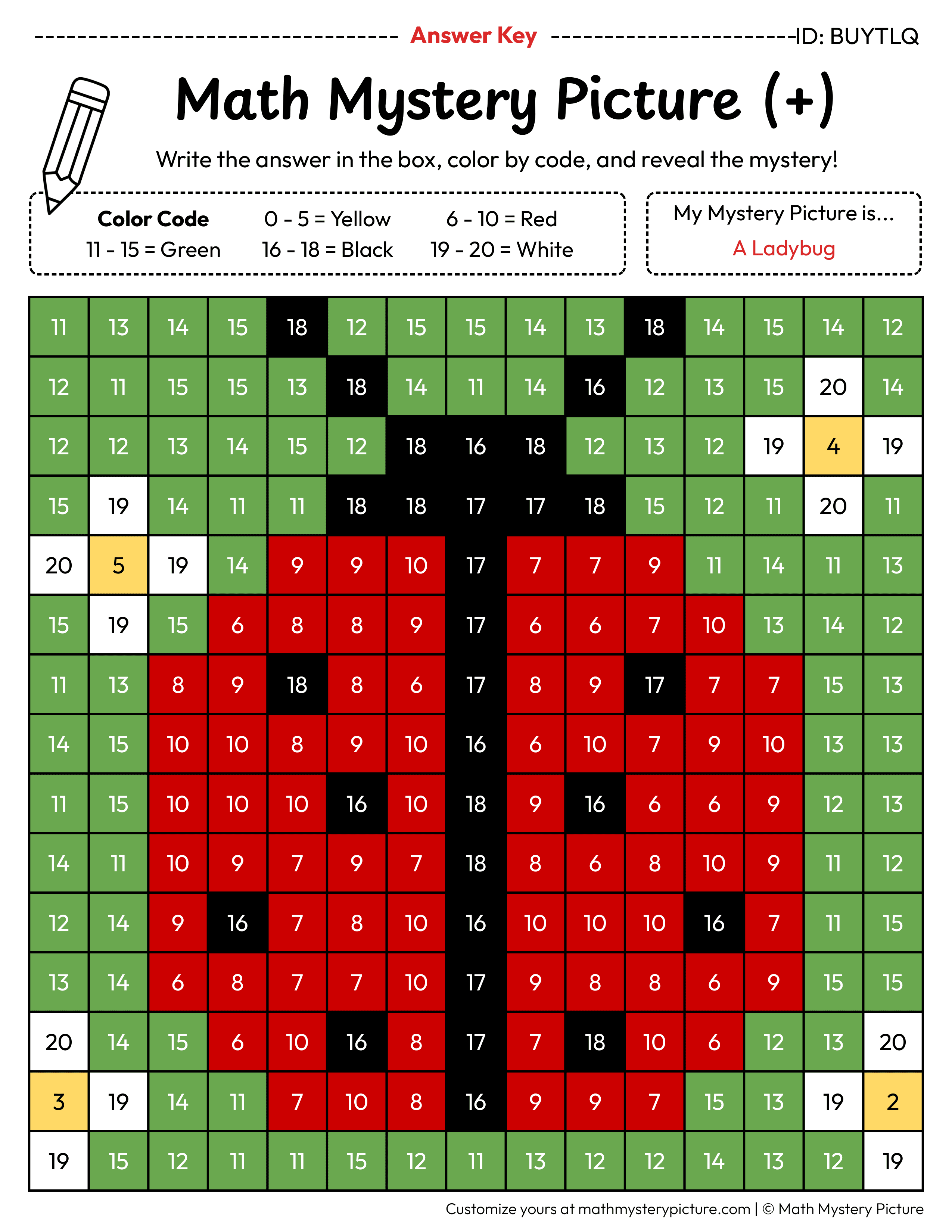 Spring Ladybug Addition Within 20 Math Mystery Picture Color by Number Answer Key
