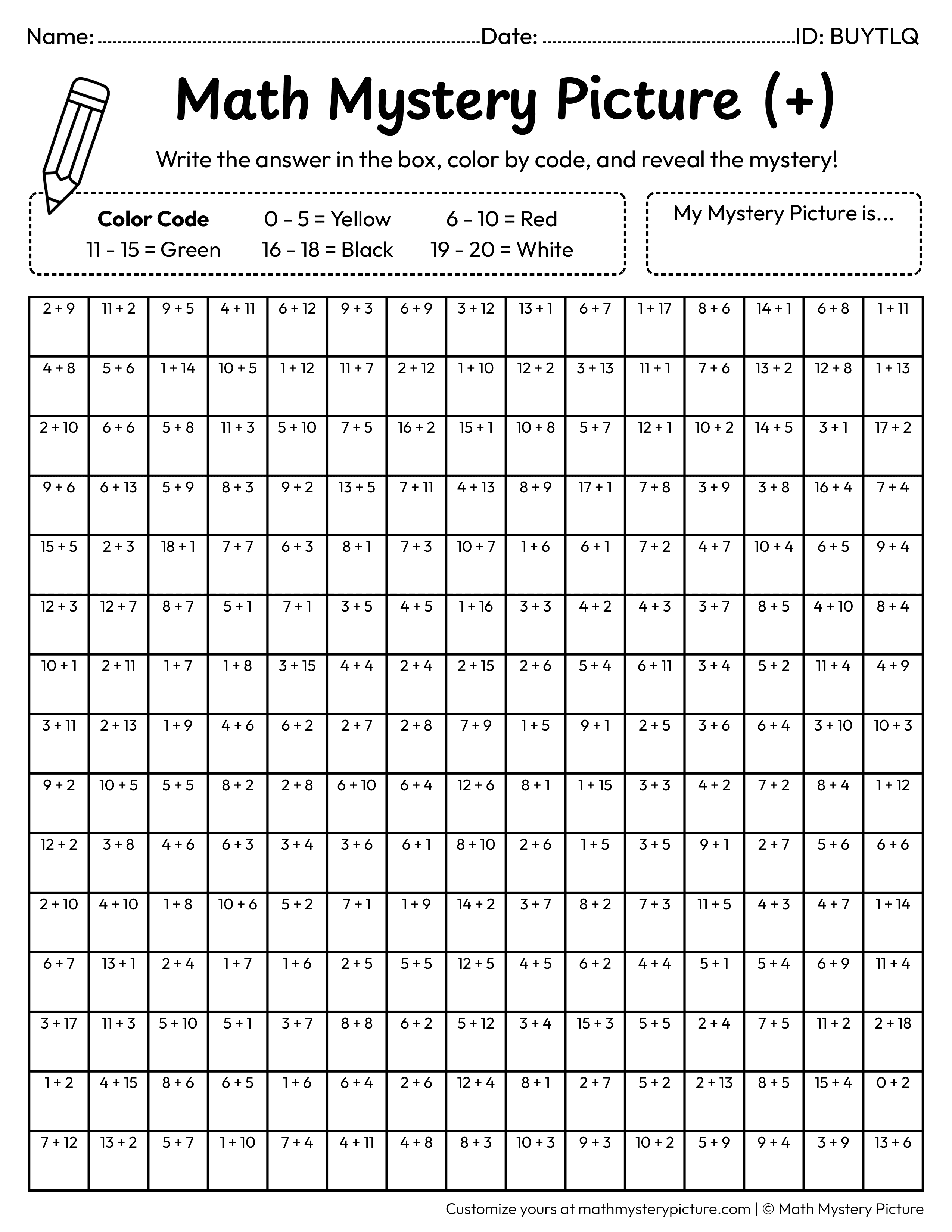 Spring Ladybug Addition Within 20 Math Mystery Picture Coloring Worksheet