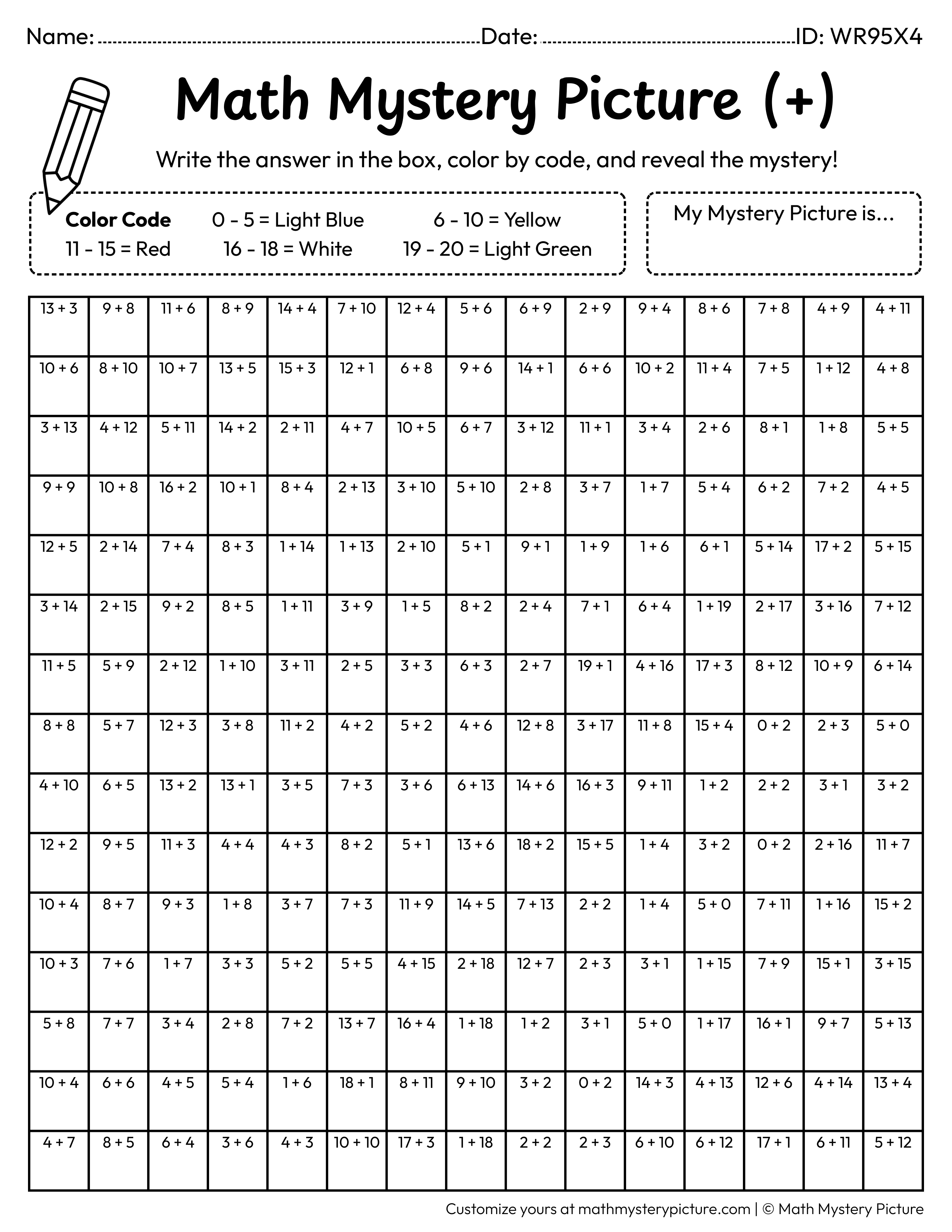 Spring Rainbow Addition Within 20 Math Mystery Picture Coloring Worksheet