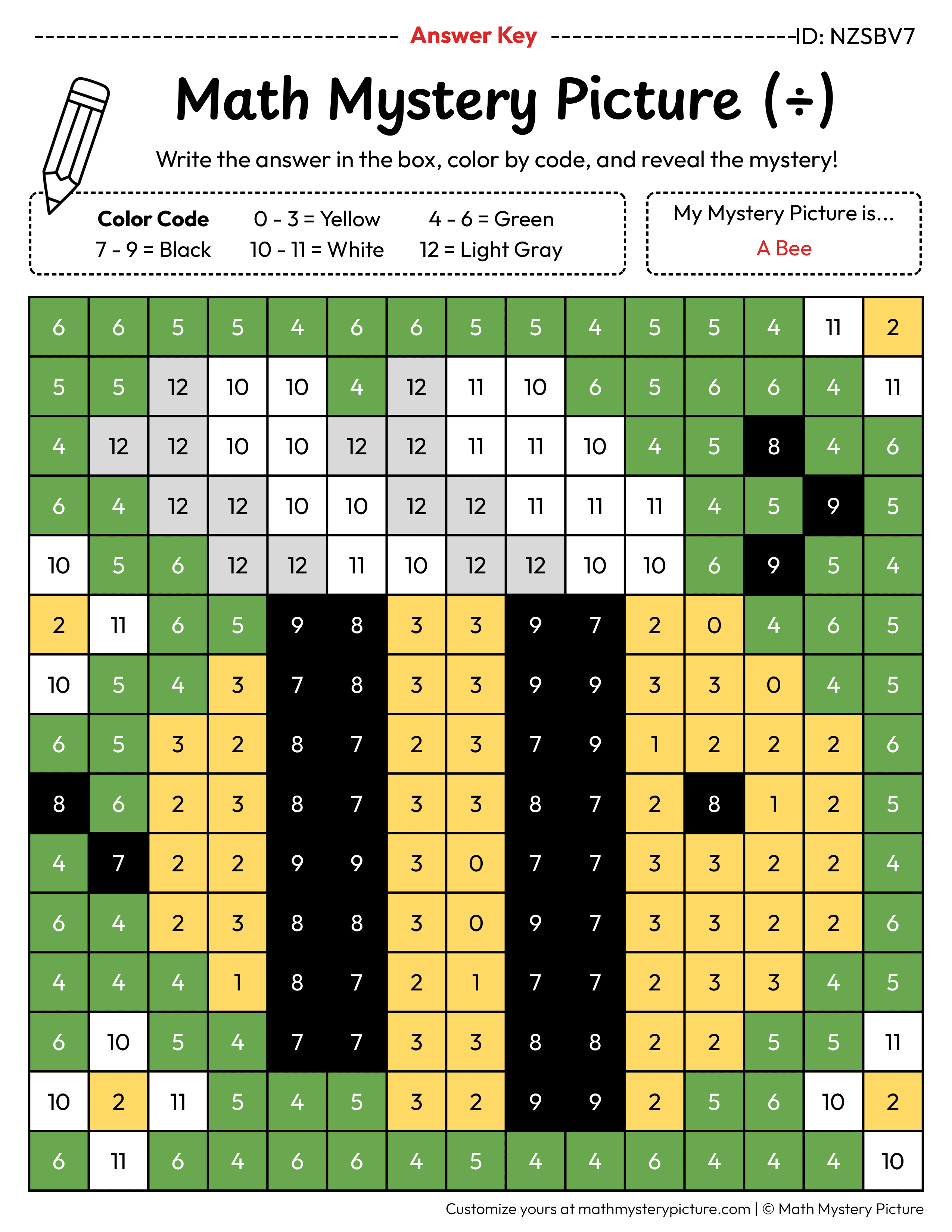 Spring Bee Division Facts Math Mystery Picture Color by Number Answer Key