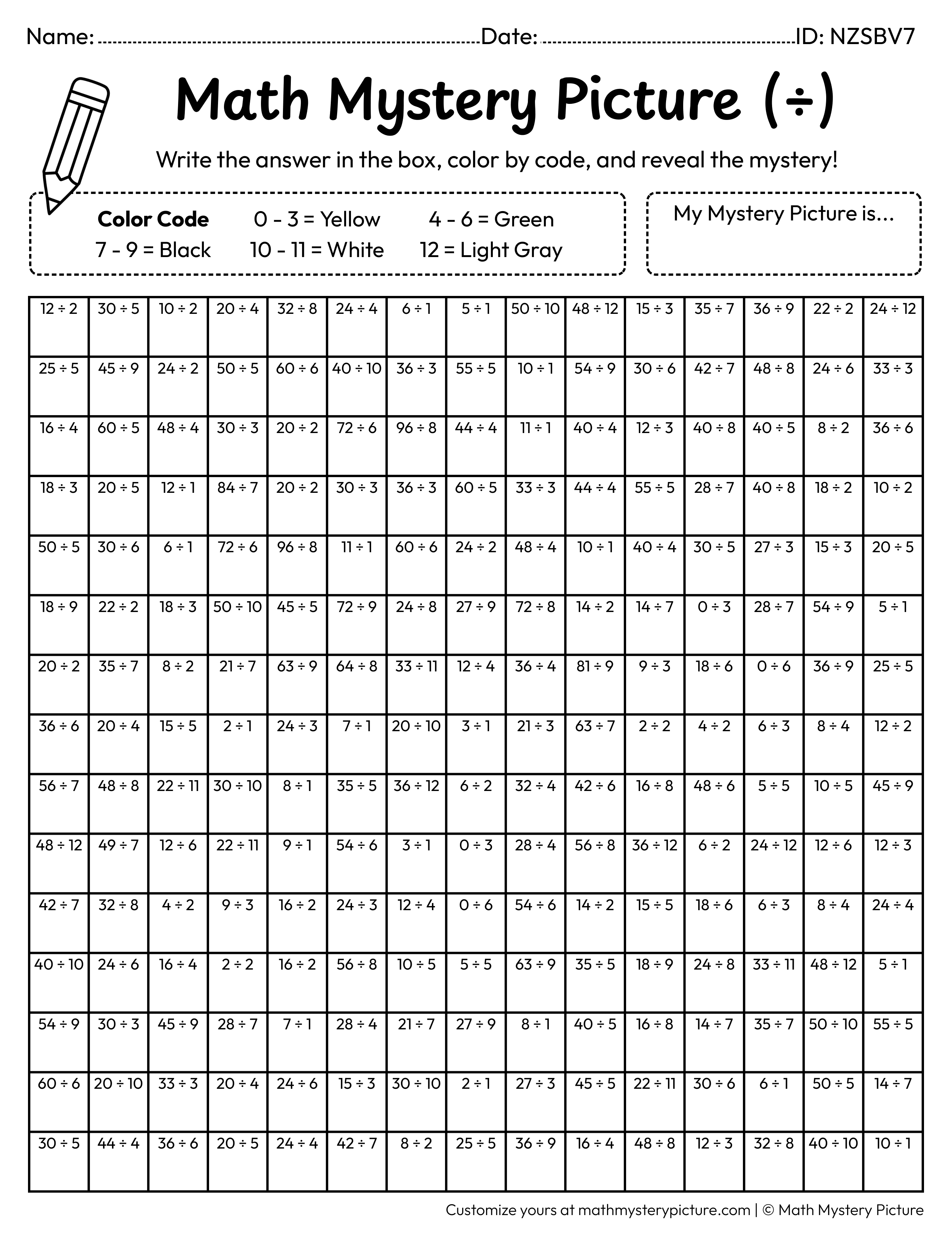 Spring Bee Division Facts Math Mystery Picture Coloring Worksheet