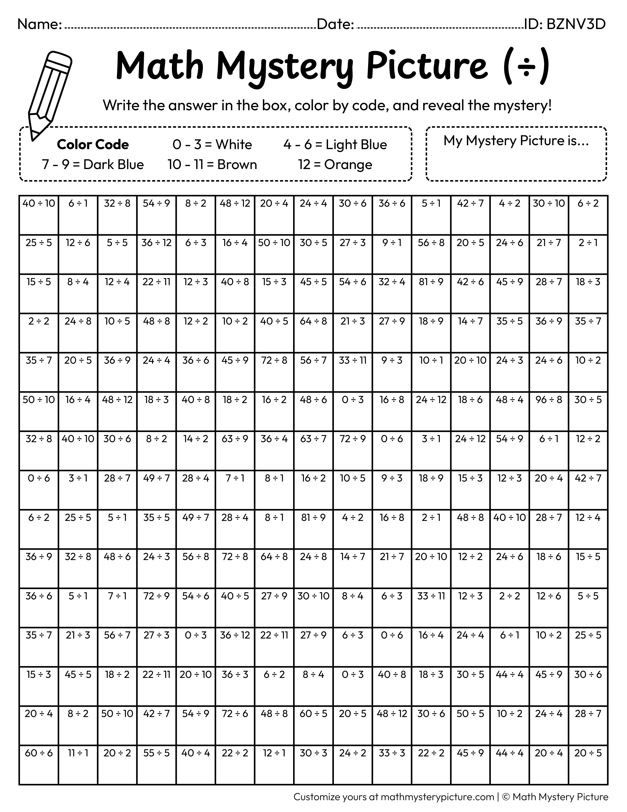 Spring Bird Division Facts Math Mystery Picture Coloring Worksheet