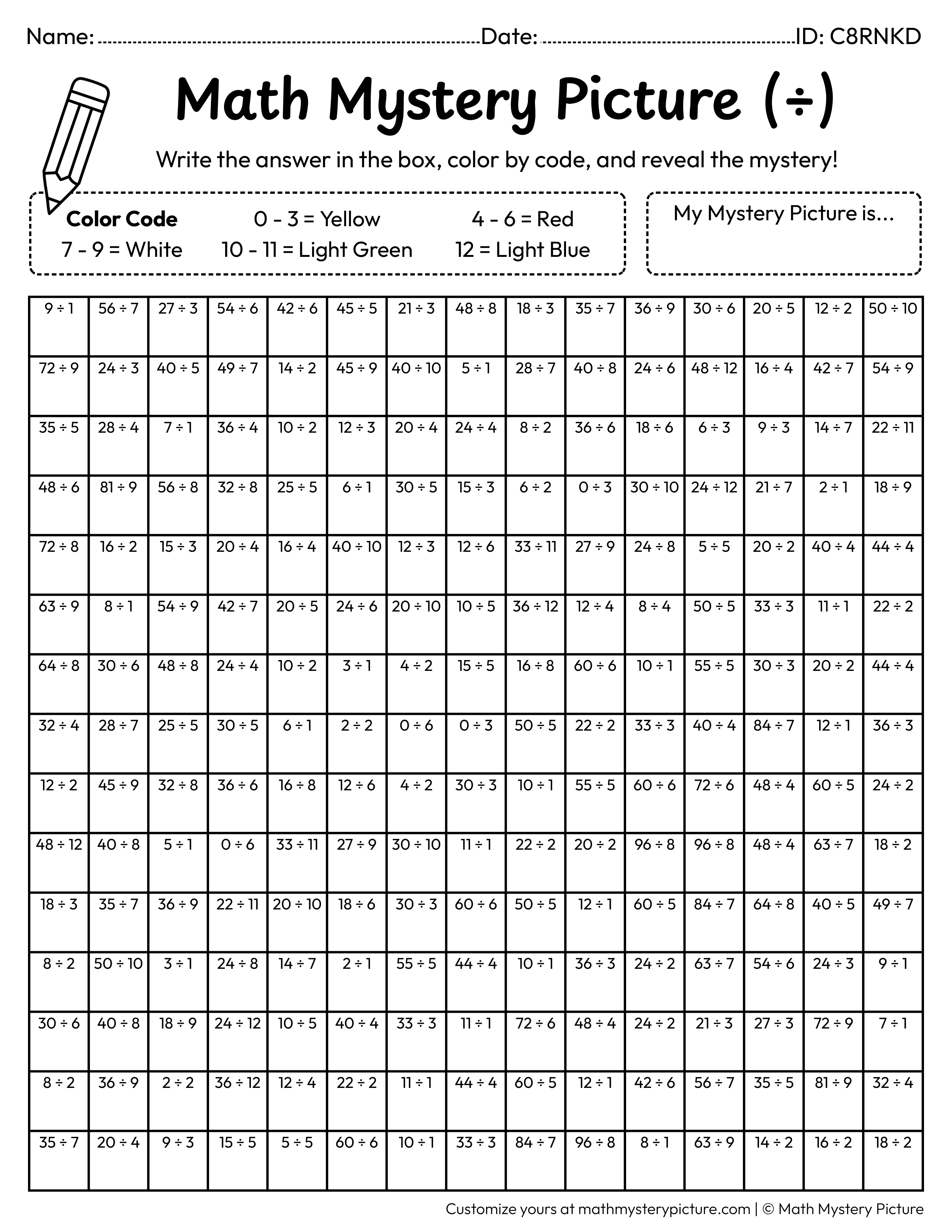 Spring Rainbow Division Facts Math Mystery Picture Coloring Worksheet