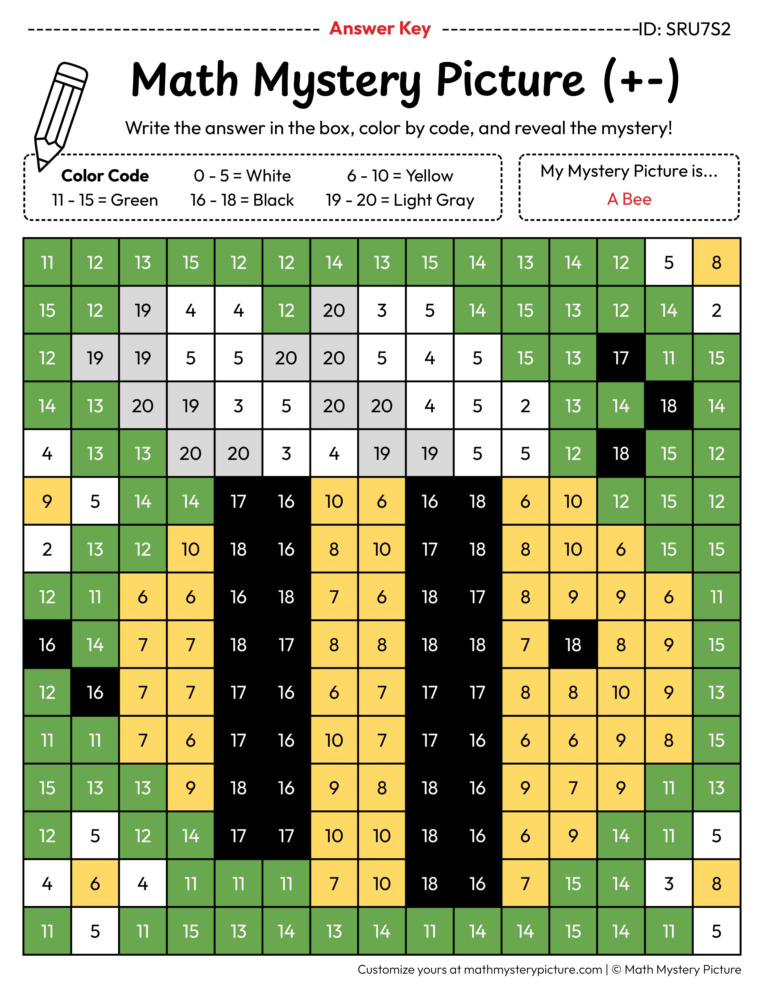 Spring Bee Mixed Addition and Subtraction Within 20 Math Mystery Picture Color by Number Answer Key