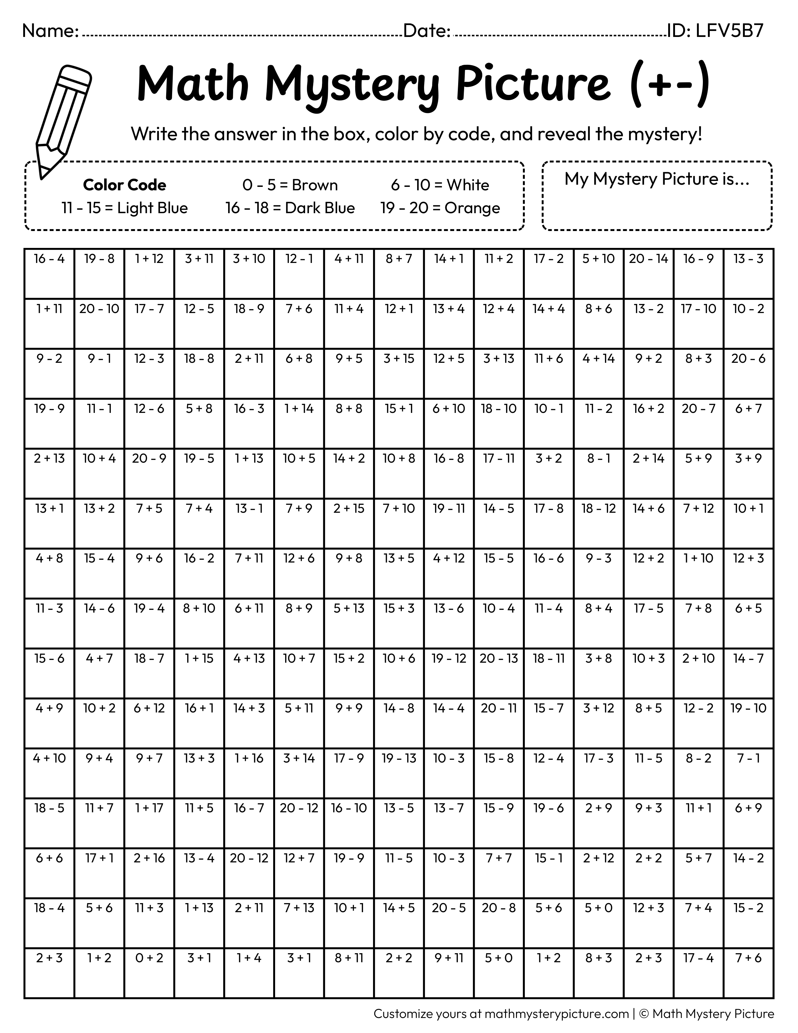 Spring Bird Mixed Addition and Subtraction Within 20 Math Mystery Picture Coloring Worksheet