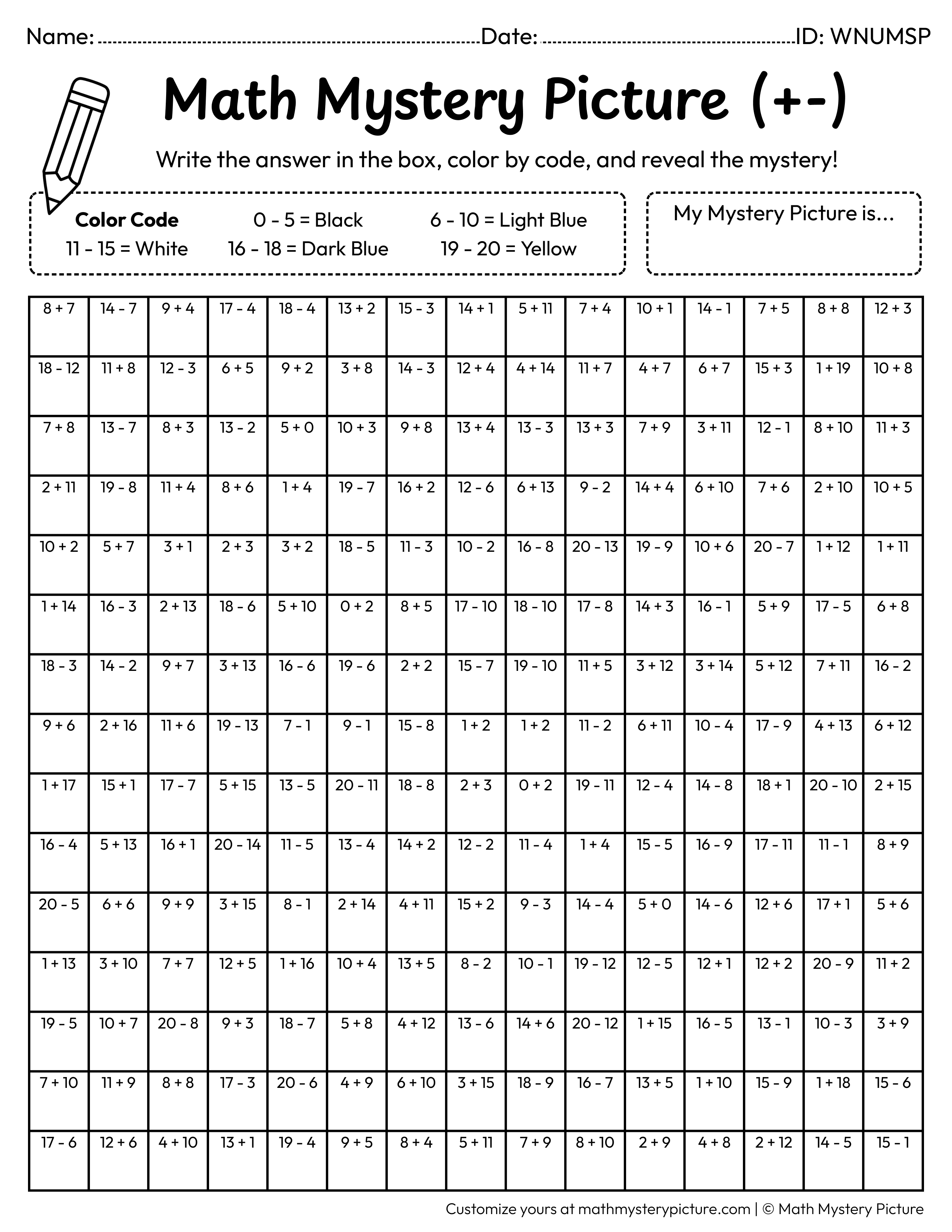 Spring Butterfly Mixed Addition and Subtraction Within 20 Math Mystery Picture Coloring Worksheet