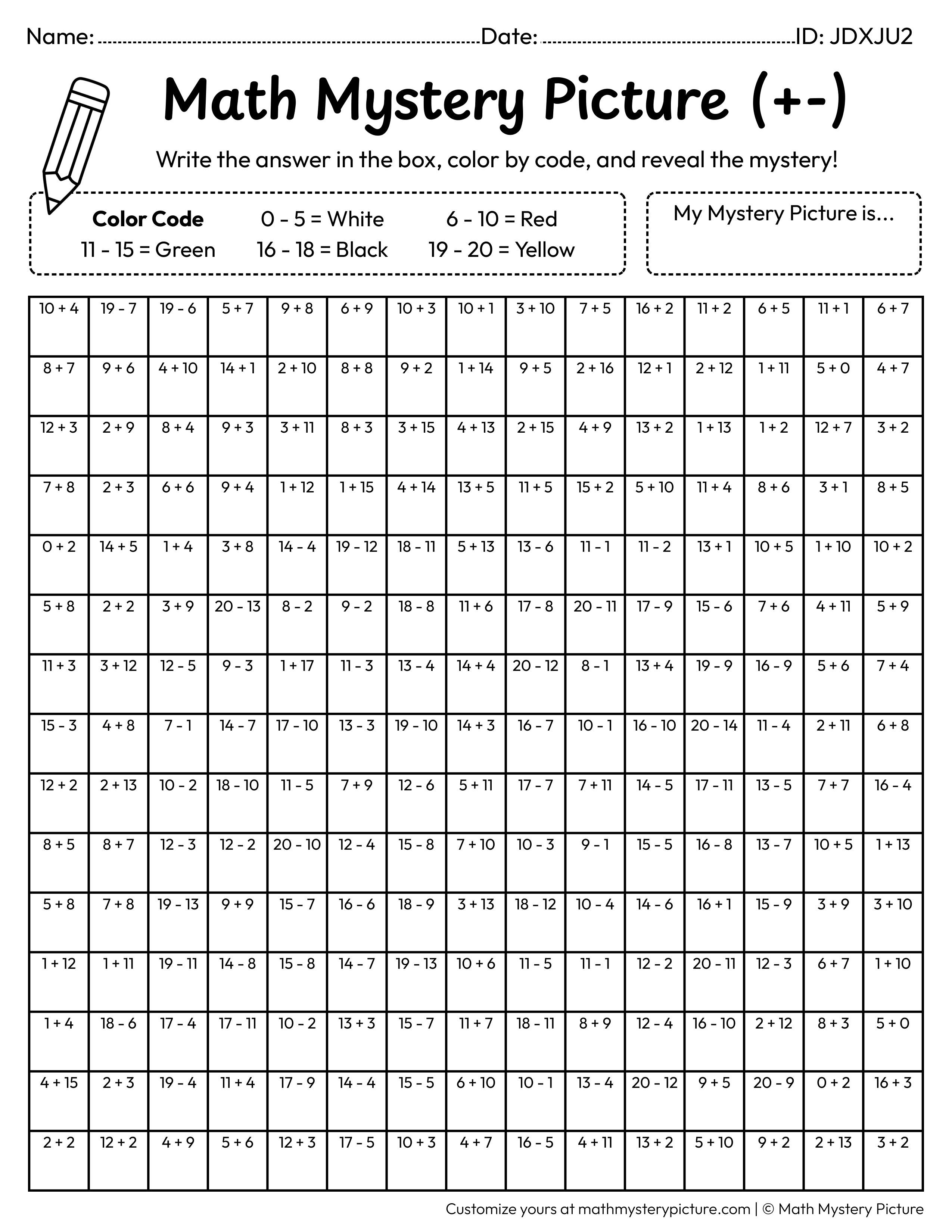 Spring Ladybug Mixed Addition and Subtraction Within 20 Math Mystery Picture Coloring Worksheet