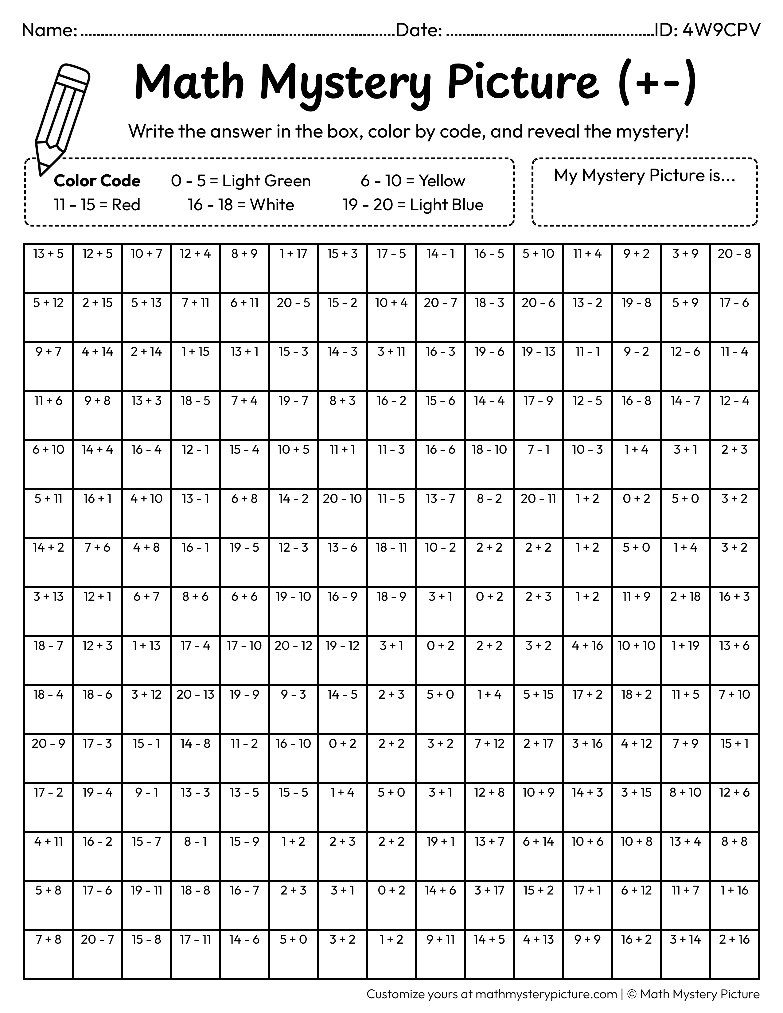 Spring Rainbow Mixed Addition and Subtraction Within 20 Math Mystery Picture Coloring Worksheet