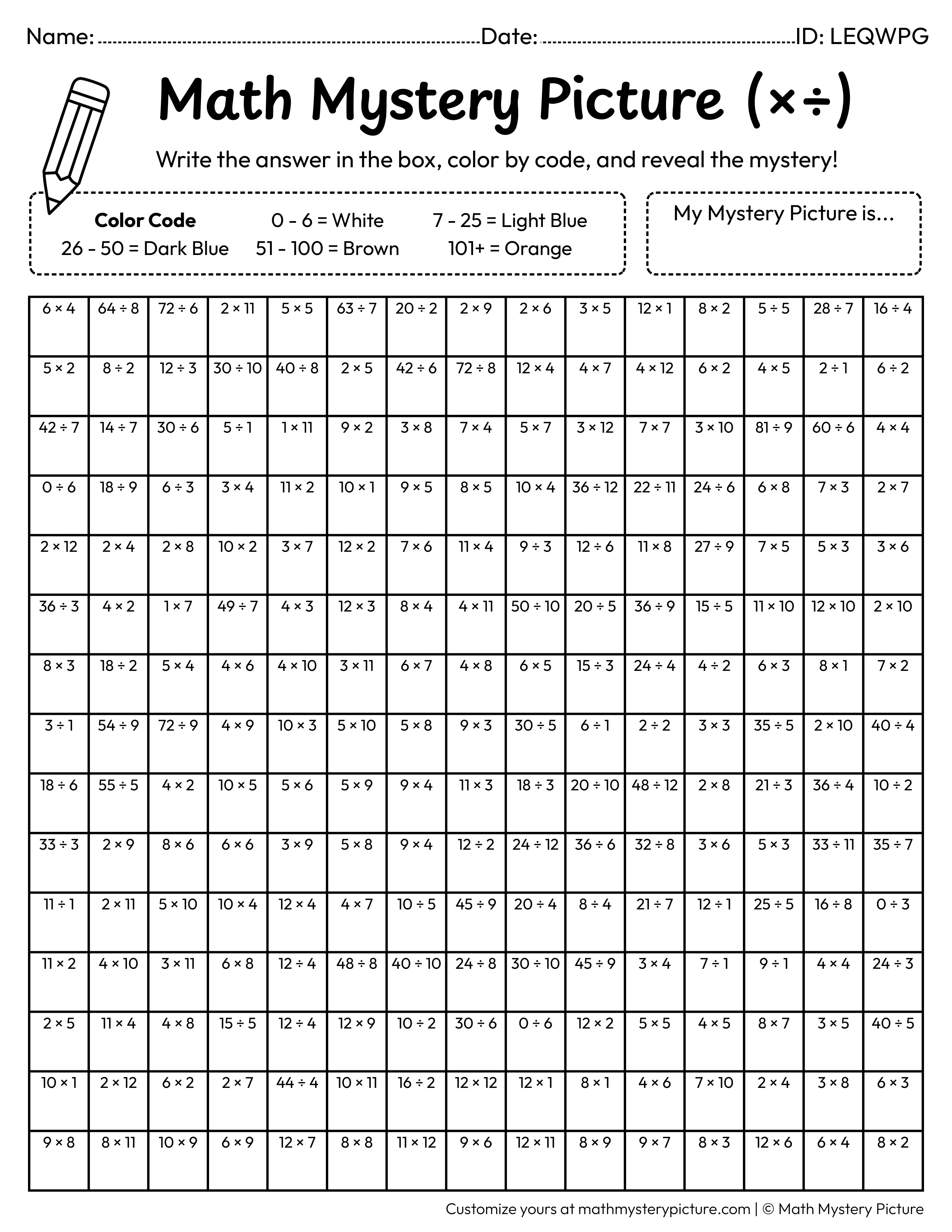 Spring Bird Mixed Multiplication and Division Facts Math Mystery Picture Coloring Worksheet