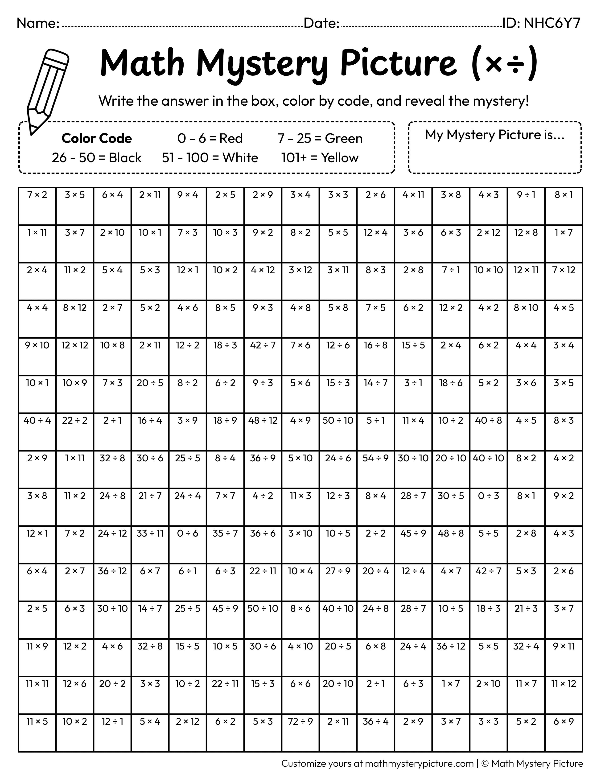 Spring Ladybug Mixed Multiplication and Division Facts Math Mystery Picture Coloring Worksheet
