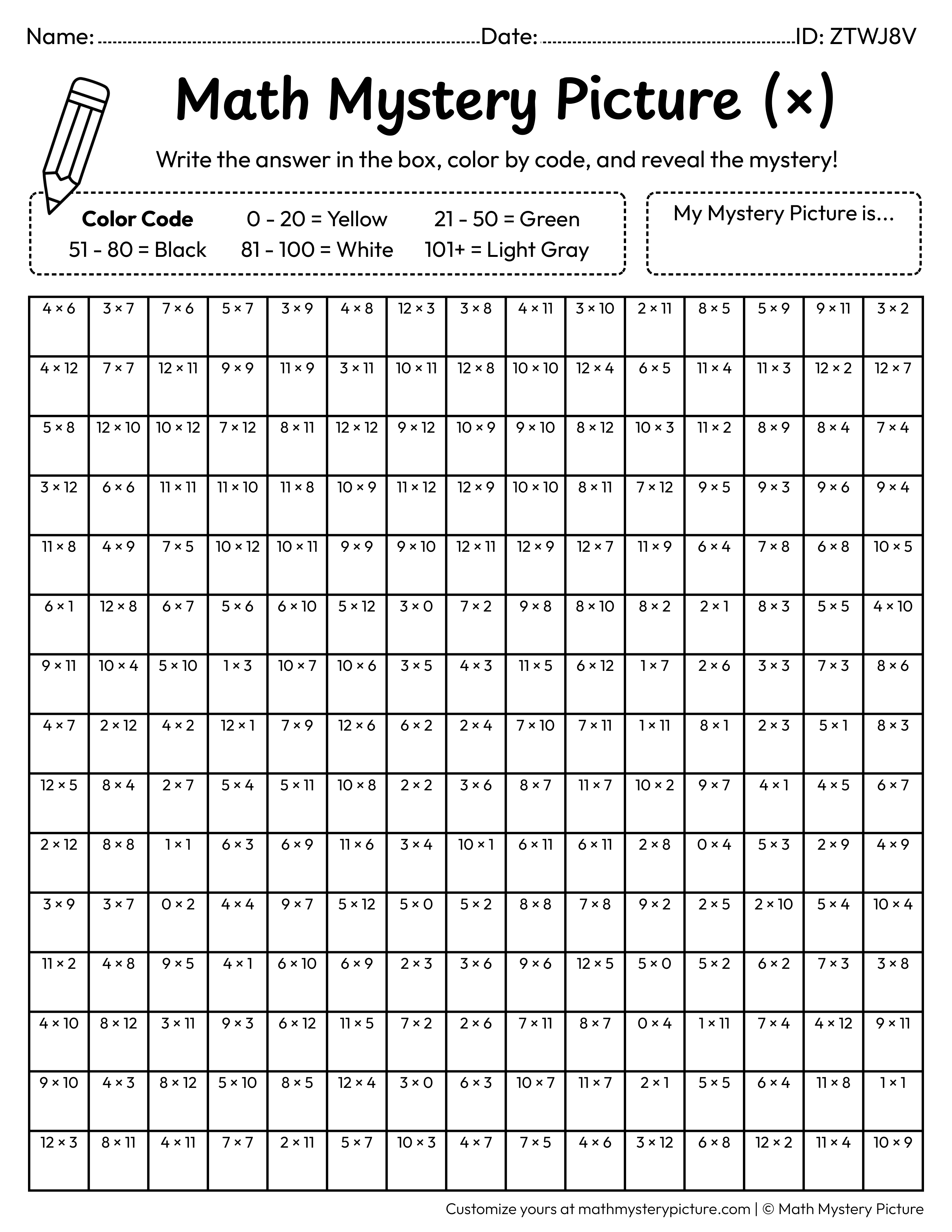 Spring Bee Multiplication Facts Math Mystery Picture Coloring Worksheet
