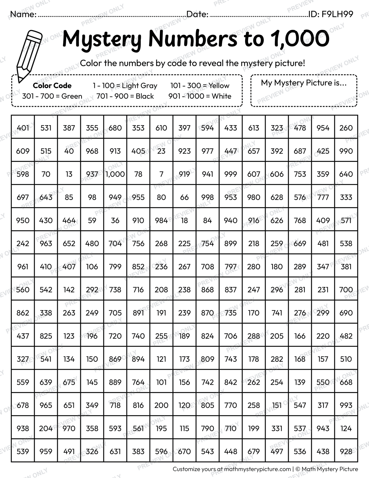 Spring Bee Numbers to 1,000 Math Mystery Picture Coloring Worksheet