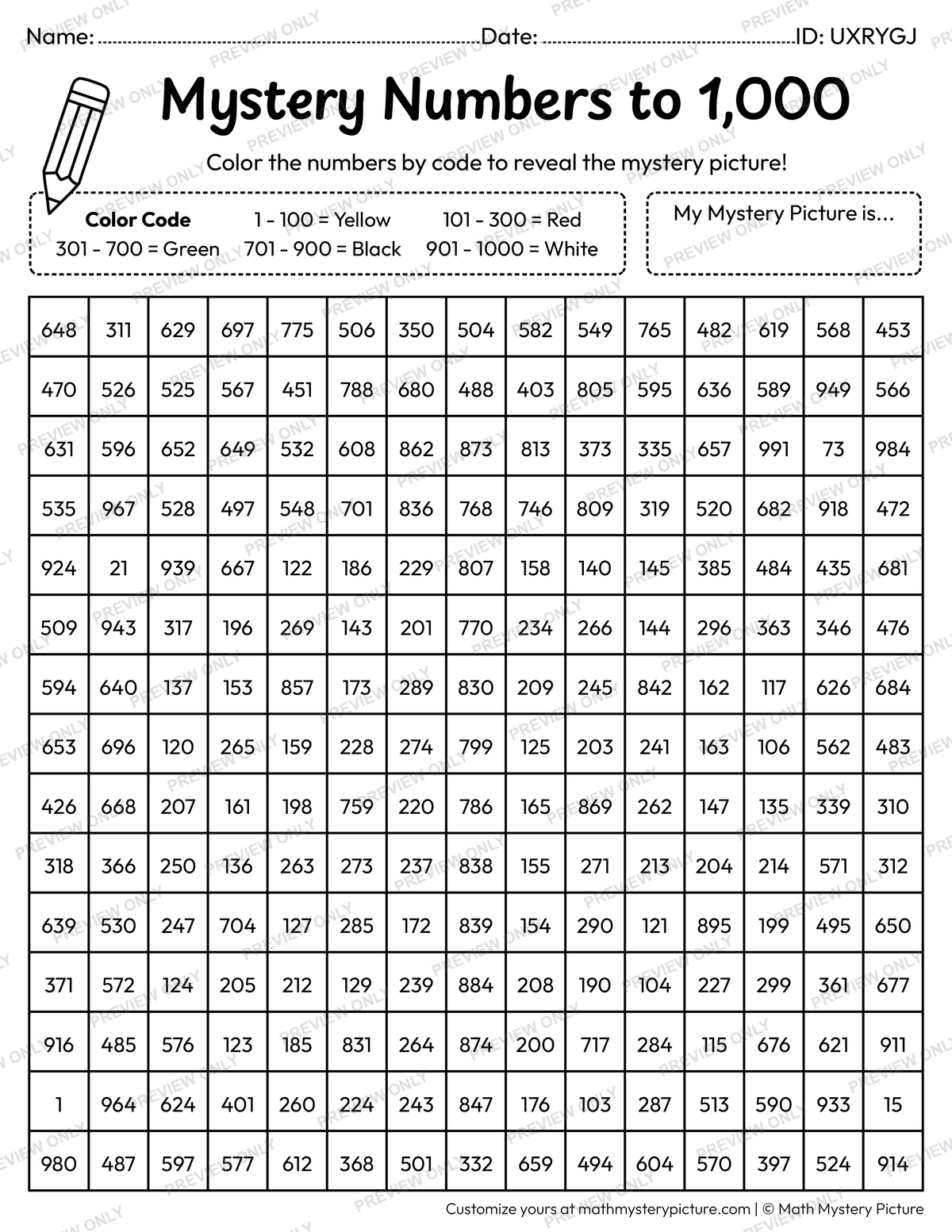 Spring Ladybug Numbers to 1,000 Math Mystery Picture Coloring Worksheet