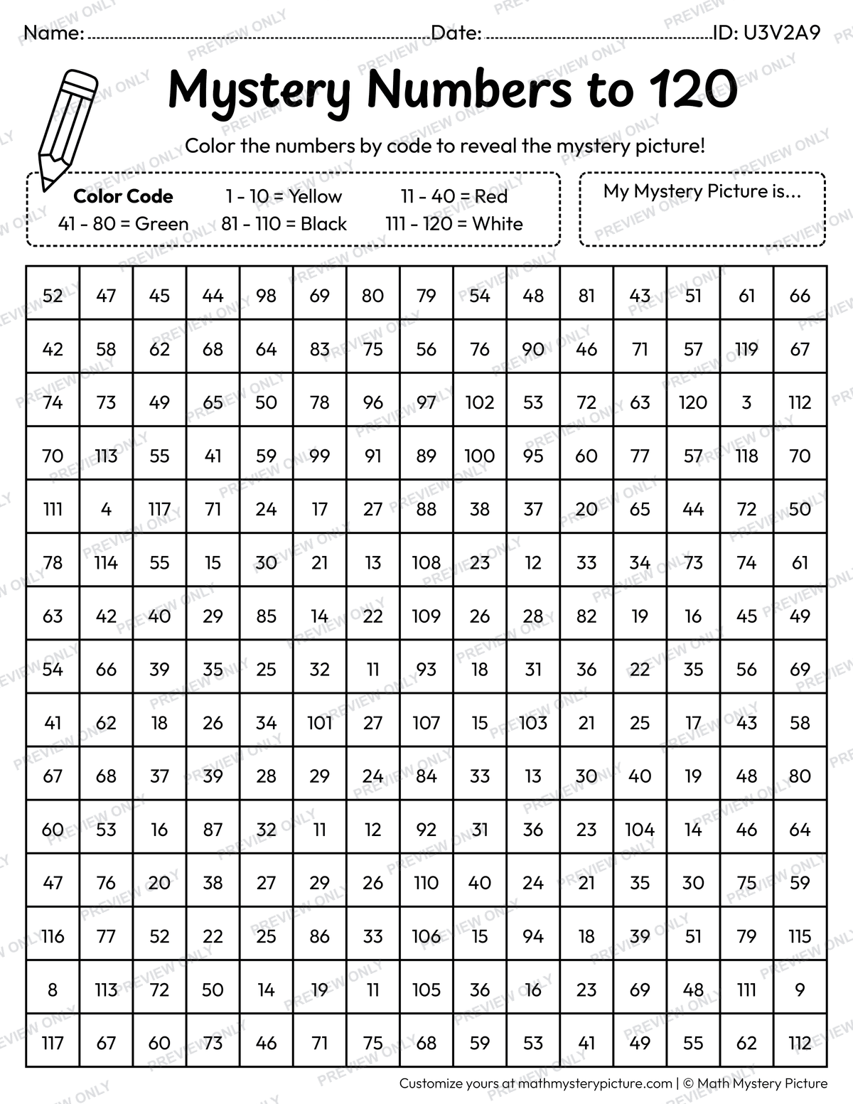 Spring Ladybug Numbers to 120 Math Mystery Picture Coloring Worksheet