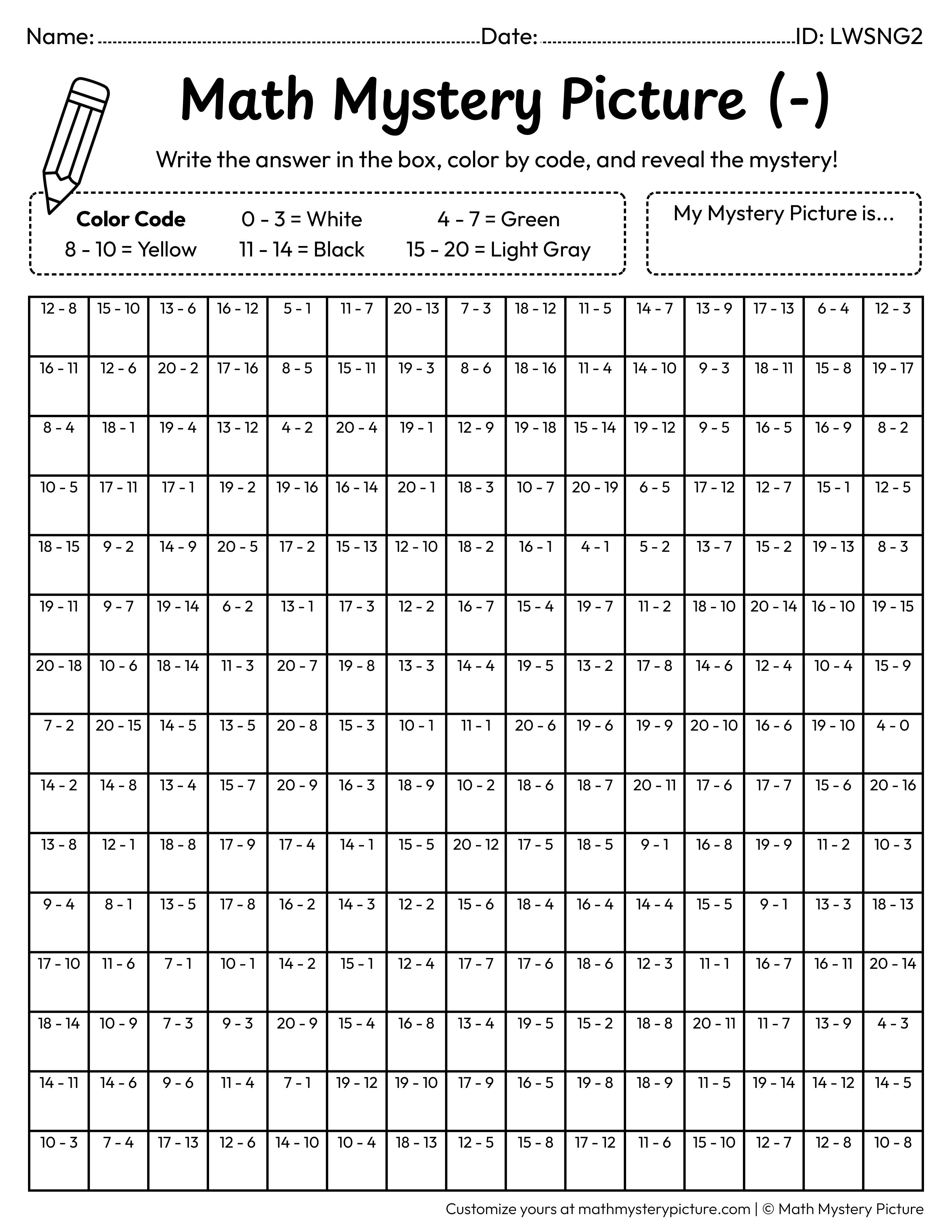 Spring Bee Subtraction Within 20 Math Mystery Picture Coloring Worksheet