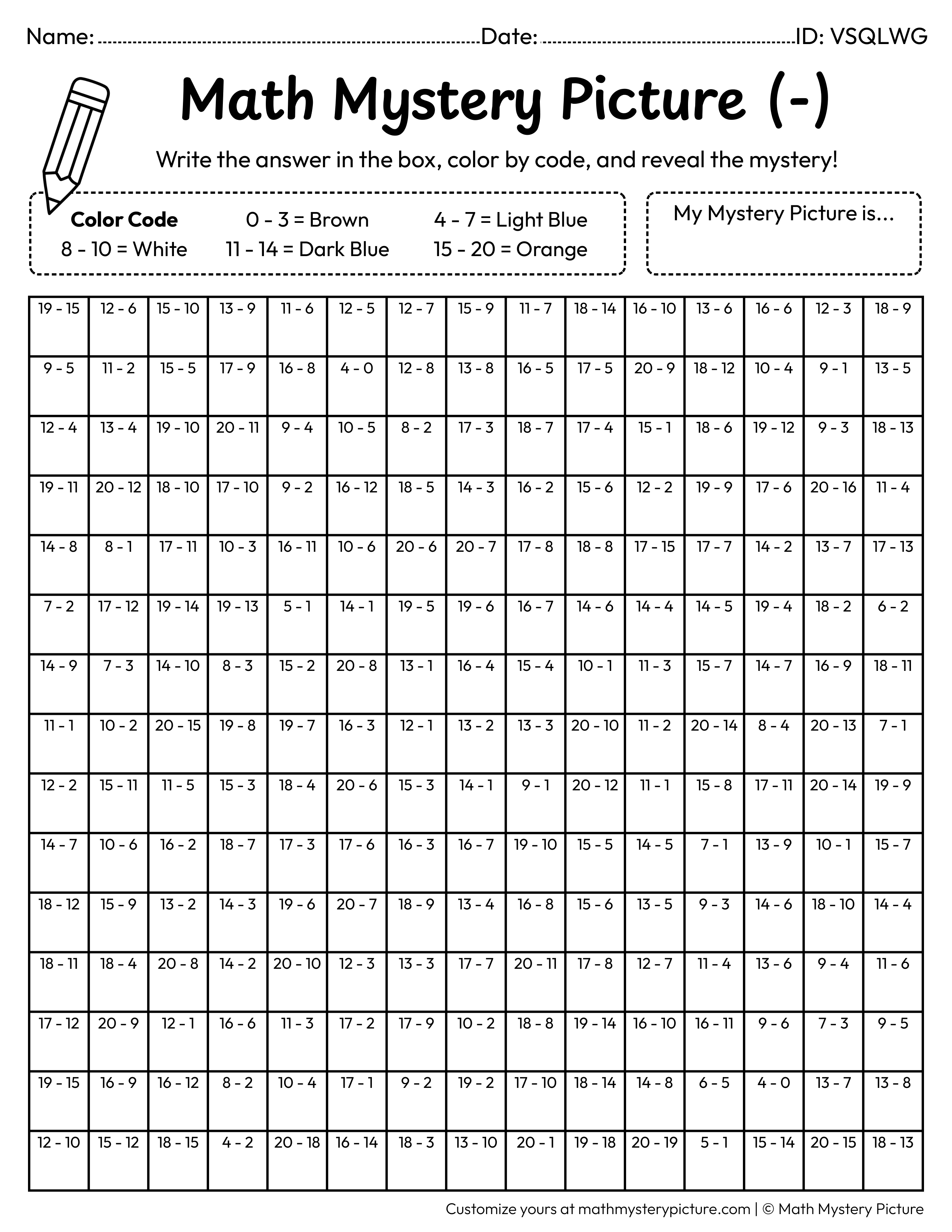 Spring Bird Subtraction Within 20 Math Mystery Picture Coloring Worksheet