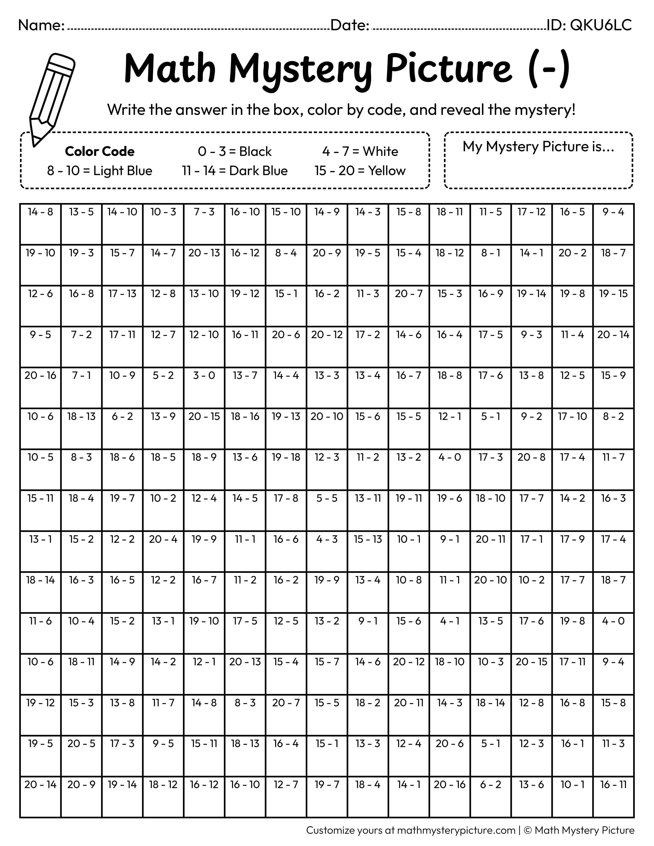 Spring Butterfly Subtraction Within 20 Math Mystery Picture Coloring Worksheet