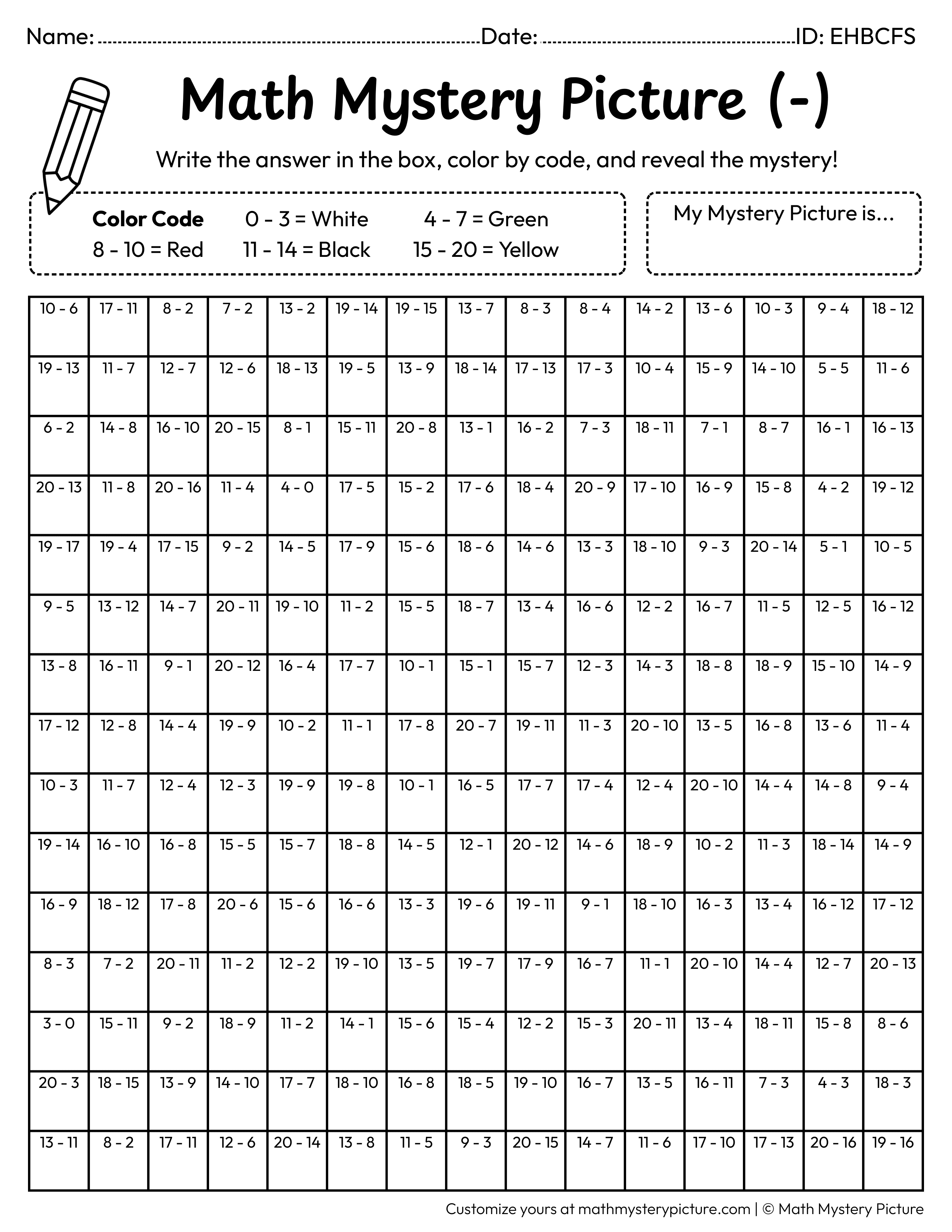 Spring Ladybug Subtraction Within 20 Math Mystery Picture Coloring Worksheet
