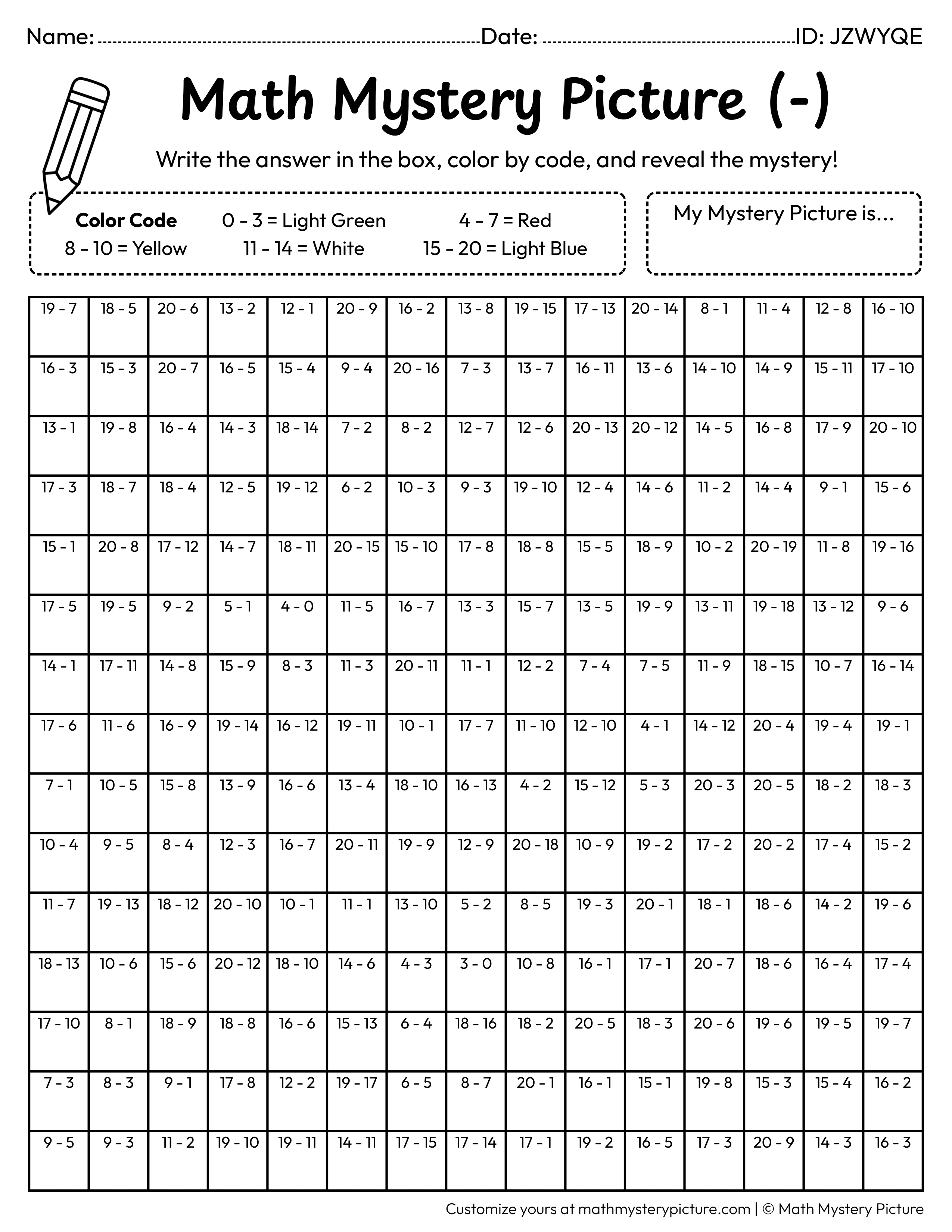Spring Rainbow Subtraction Within 20 Math Mystery Picture Coloring Worksheet