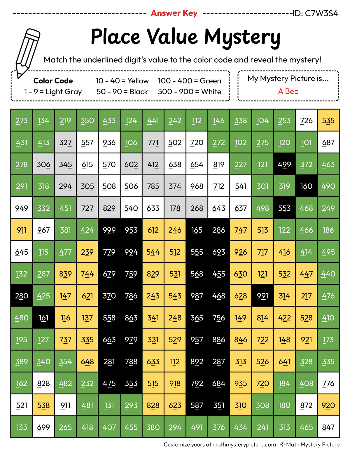 Spring Bee Value of Underlined Digit Math Mystery Picture Color by Number Answer Key