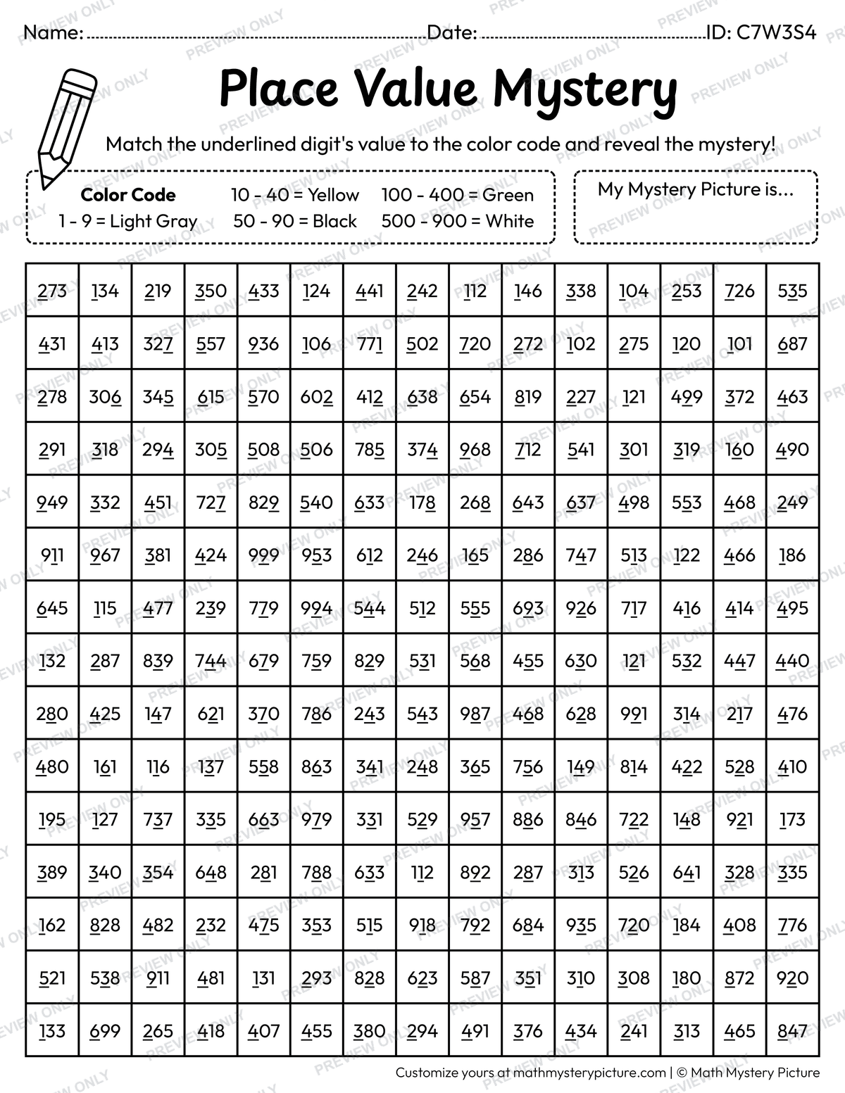 Spring Bee Value of Underlined Digit Math Mystery Picture Coloring Worksheet